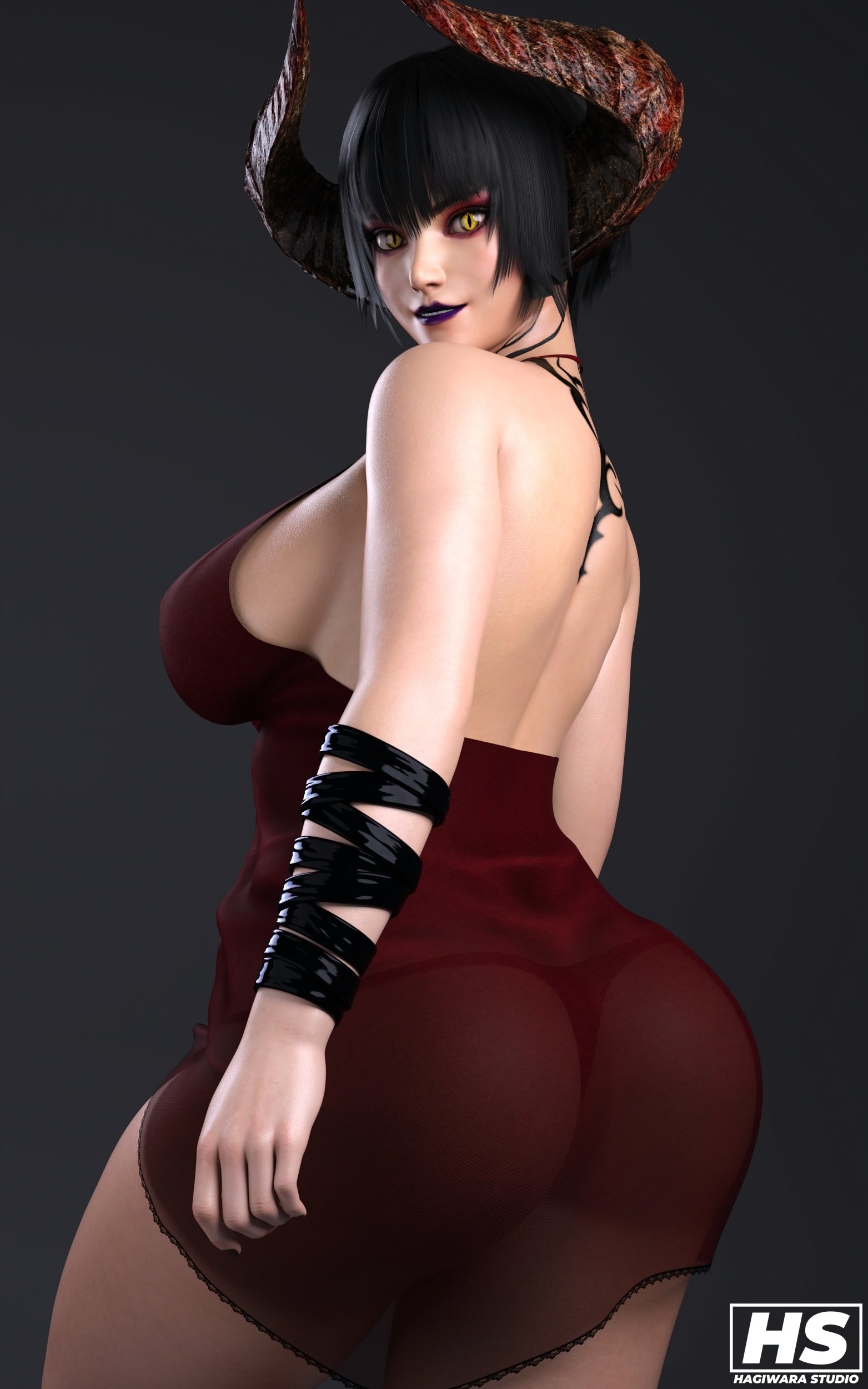 1girls, 3d, ass, big ass, big breasts, breasts, curved horns, eliza (tekken), female, female only, hagiwara studio, horns, lingerie, panties, solo, tagme, tattoo, tekken, tekken 7, vampire, vampire girl