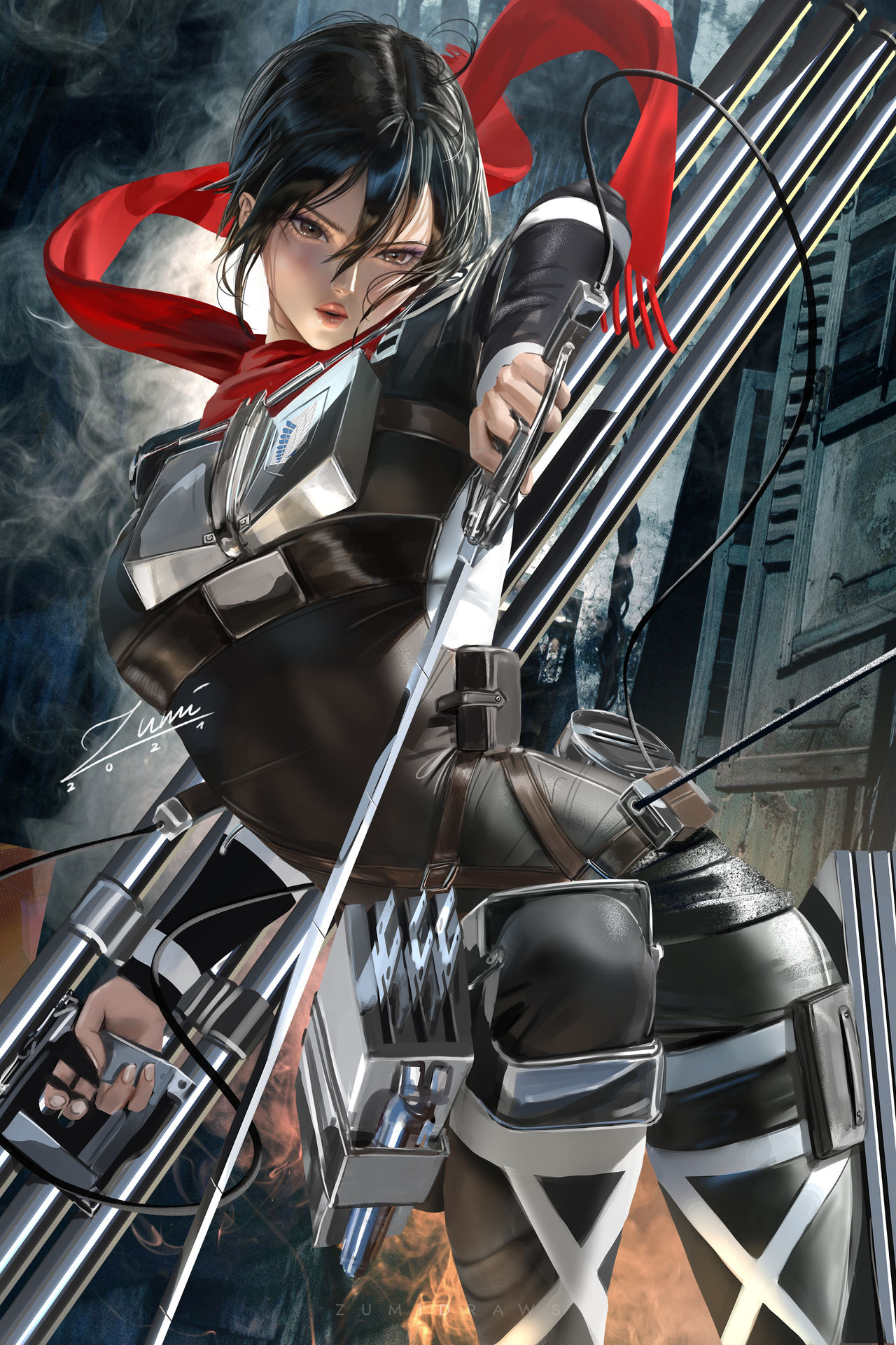 1girls, attack on titan, big breasts, breasts, brown eyes, cleft of venus, fat mons, female, female only, highres, innie pussy, mikasa ackerman, muscular, muscular female, pussy, scarf, shaved pussy, shingeki no kyojin, short hair, solo, zumi