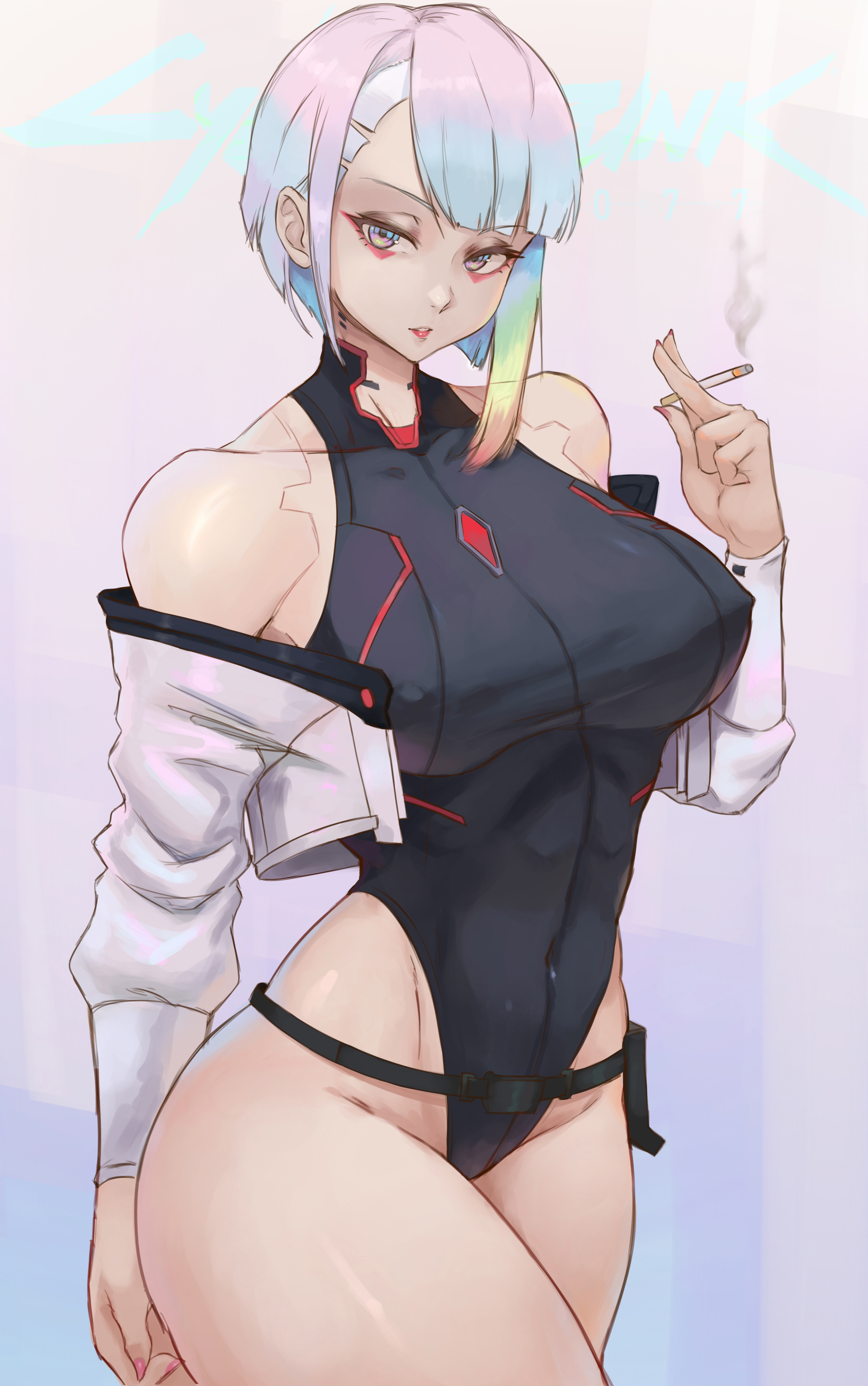 1girls, athletic, athletic female, blue eyes, breasts, cd projekt red, cigarette, cropped jacket, cutesexyrobutts (style), cybernetics, cyberpunk 2077, cyberpunk: edgerunners, female, hi res, highleg leotard, hips, holding object, huge breasts, jacket, leotard, lesottart, light skin, light-skinned female, looking at viewer, lucyna kushinada, multicolored hair, netflix, no artist signature, no source, simple background, slim waist, small mouth, small nose, smoking, studio trigger, thick thighs, thighs, thin eyebrows, tomboyish, toned, toned female, very small mouth, very small nose, wide hips