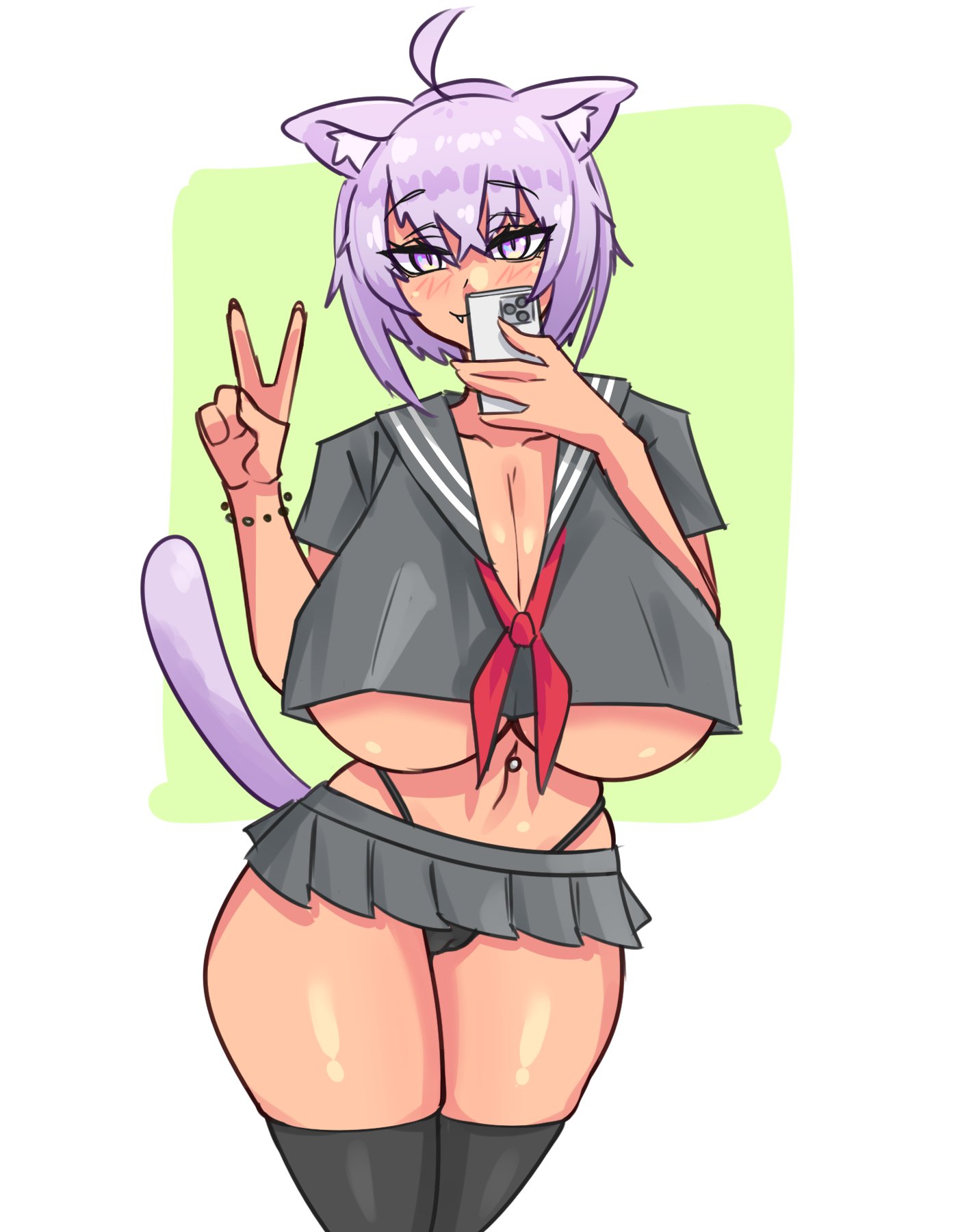 ahoge, animal ears, blush, bracelet, breasts, cameltoe, camera, cat ears, cat girl, cat tail, catgirl, cleavage, crop top overhang, cropped shirt, female, gyaru, hololive, huge breasts, jewelry, konaloid, looking at viewer, massive breasts, microskirt, miniskirt, mirror selfie, navel, navel piercing, nekomata okayu, phone, piercing, purple eyes, purple hair, pussy, recording, school uniform, selfie, short hair, smile, tail, thick thighs, thighhighs, thighs, thong, useless skirt, v, virtual youtuber, wide hips