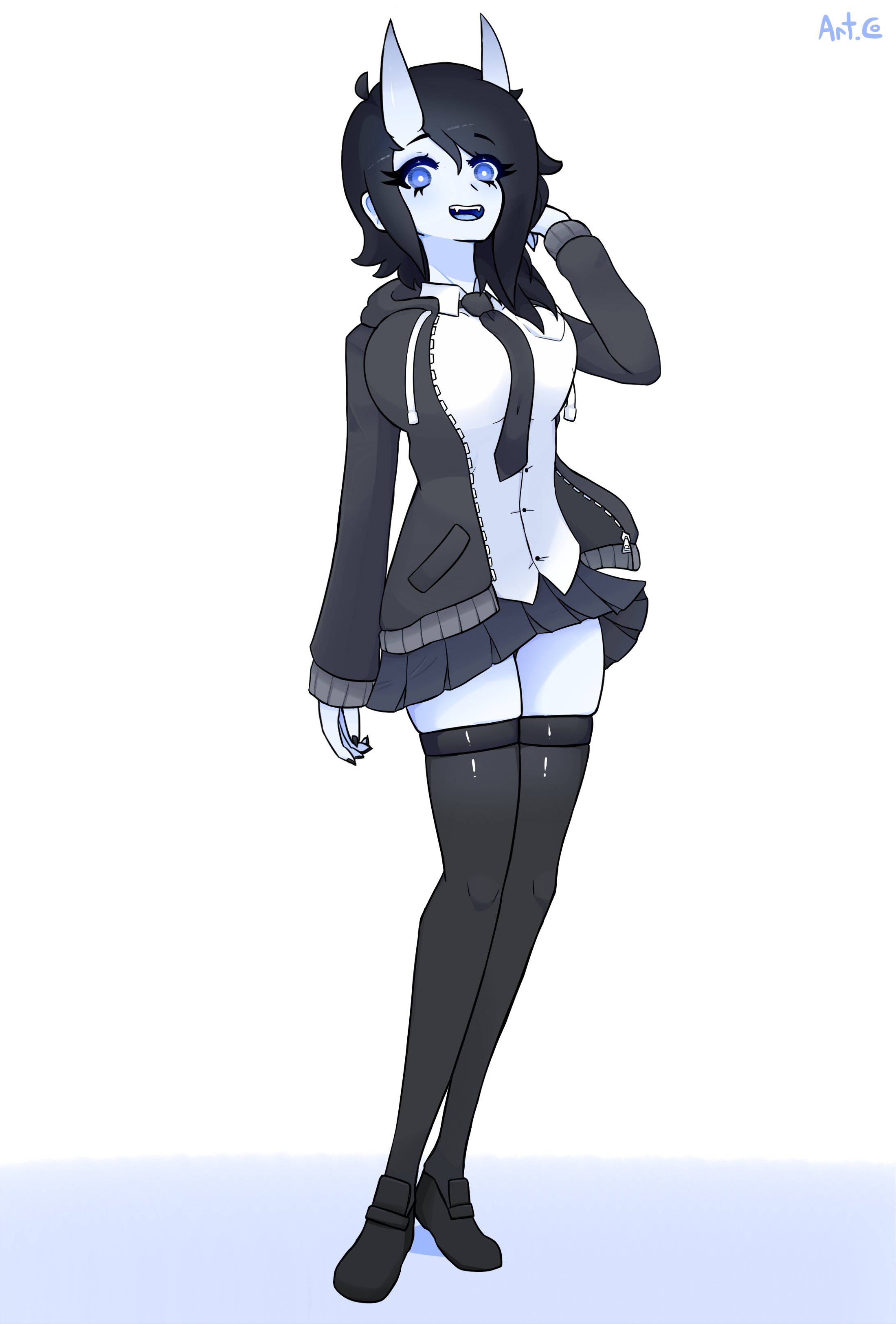 1girls, artist request, blue eyes, breasts, fanart, female, horns, oni, spooky (ahegaokami), tagme, taller female, thighs, wholesome
