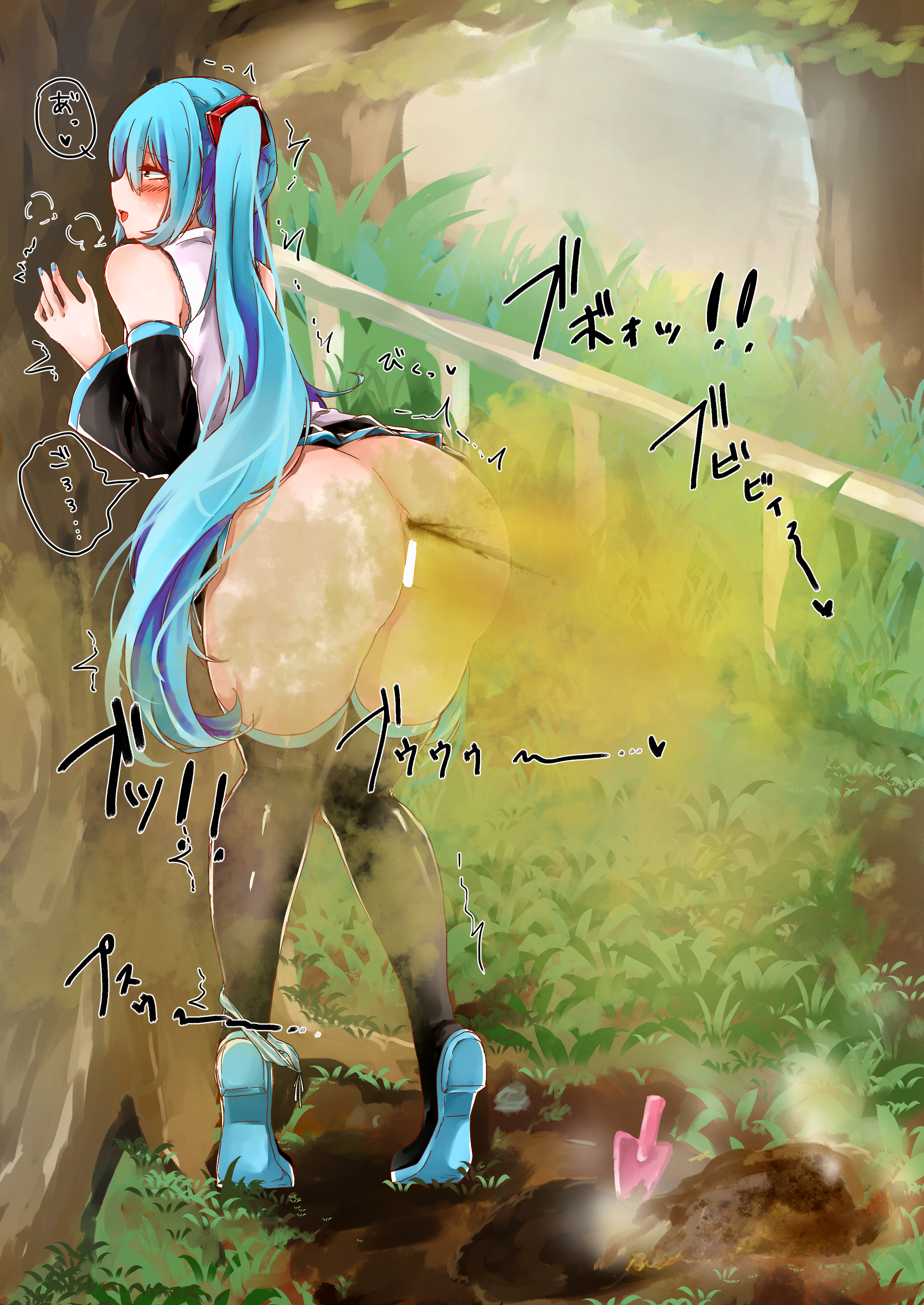 1girl, anal, aqua eyes, aqua hair, ass, asshole, bar censor, big ass, blush, boots, censored, detached sleeves, fart, female, fetish, from behind, hatsune miku, long hair, nail polish, open mouth, outdoors, outside, panties, panties around one leg, scat, skirt, solo, thigh boots, thighhighs, tree, trembling, twintails, underwear, very long hair, vocaloid