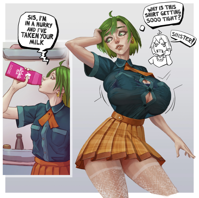 ass expansion, breast expansion, breast growth, breast growth (enlargement), breasts, expansion, female, green eyes, green hair, growth, inconvenient breasts, oc, onikaiii, pleated skirt, school uniform, shedy kurayami, skirt, succubus milk, text, text bubble, tight clothing