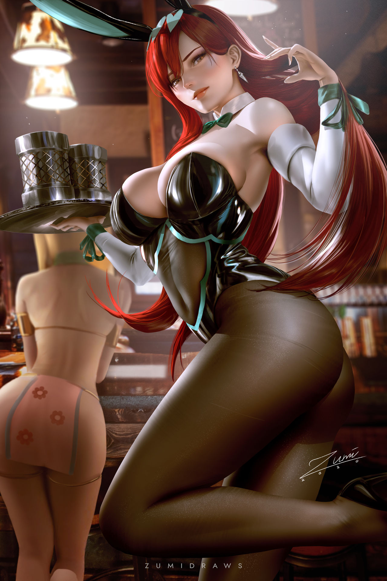 2girls, ass, belly dancer, belly dancer outfit, big breasts, blonde hair, blonde-haired female, breasts, bubble ass, bubble butt, bunny ears, bunny girl, bunnysuit, clothed female, dancer, dancer outfit, erza scarlet, fairy tail, female, female focus, female only, harem outfit, high heels, large breasts, loincloth, long hair, lucy heartfilia, lucy heartfilia (belly dancer), pantyhose, red hair, red-haired female, zumi