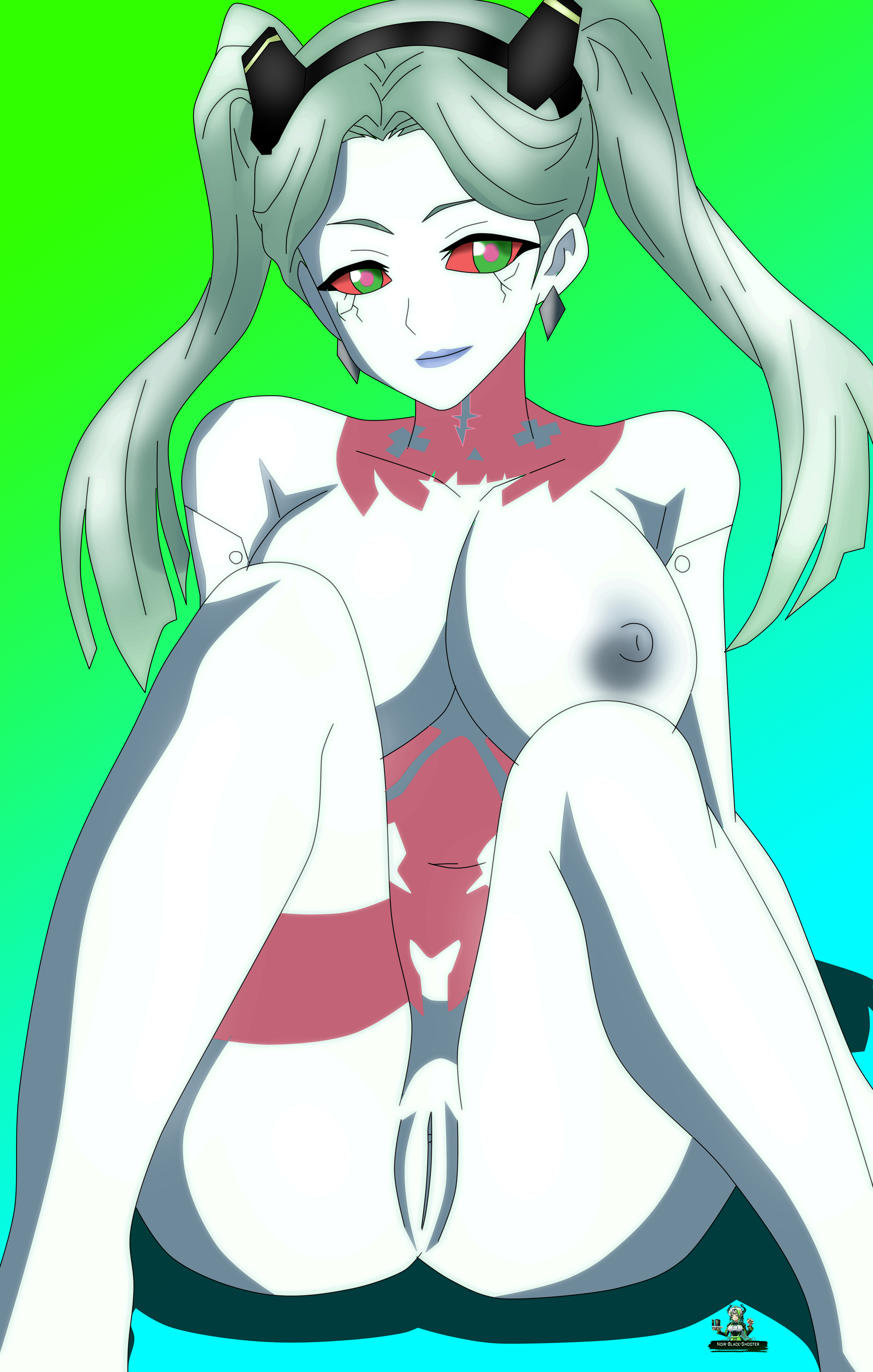 alternate breast size, big breasts, breasts, cybernetic arm, cyberpunk 2077, cyberpunk: edgerunners, female, female only, green hair, light skin, light-skinned female, noir-black-shooter, pale skin, pale-skinned female, rebecca (edgerunners), red eyes, sitting, tattoo