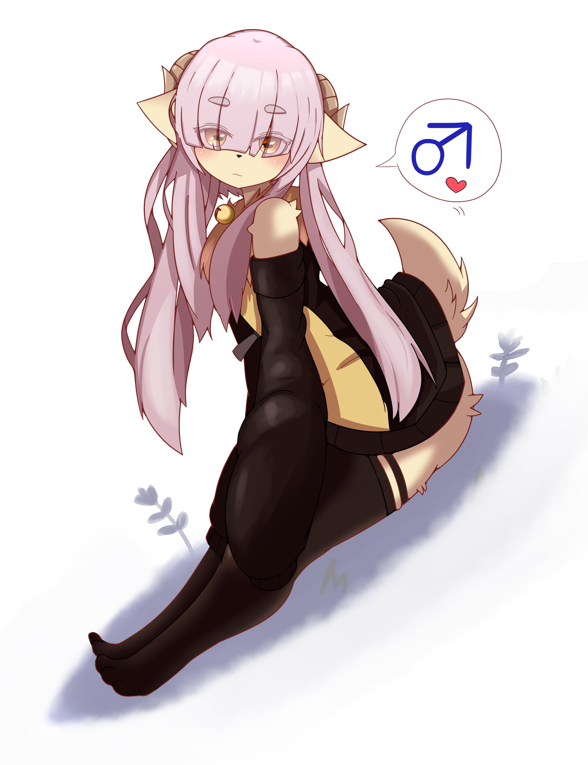 1boy, animal ears, ass, bell, big ass, big butt, black legwear, dress, feet, femboy, fluffy, fluffy ears, fluffy tail, fur, furry, furry only, girly, goat horns, hair over eyes, heart, horn, horns, legs, legwear, long hair, long sleeves, looking at viewer, male, male focus, male only, male symbol, nigiruri, original, pink hair, short dress, simple background, sissy, sitting, tail, thick eyebrows, thick thighs, thighs, white background, yellow eyes, yellow fur