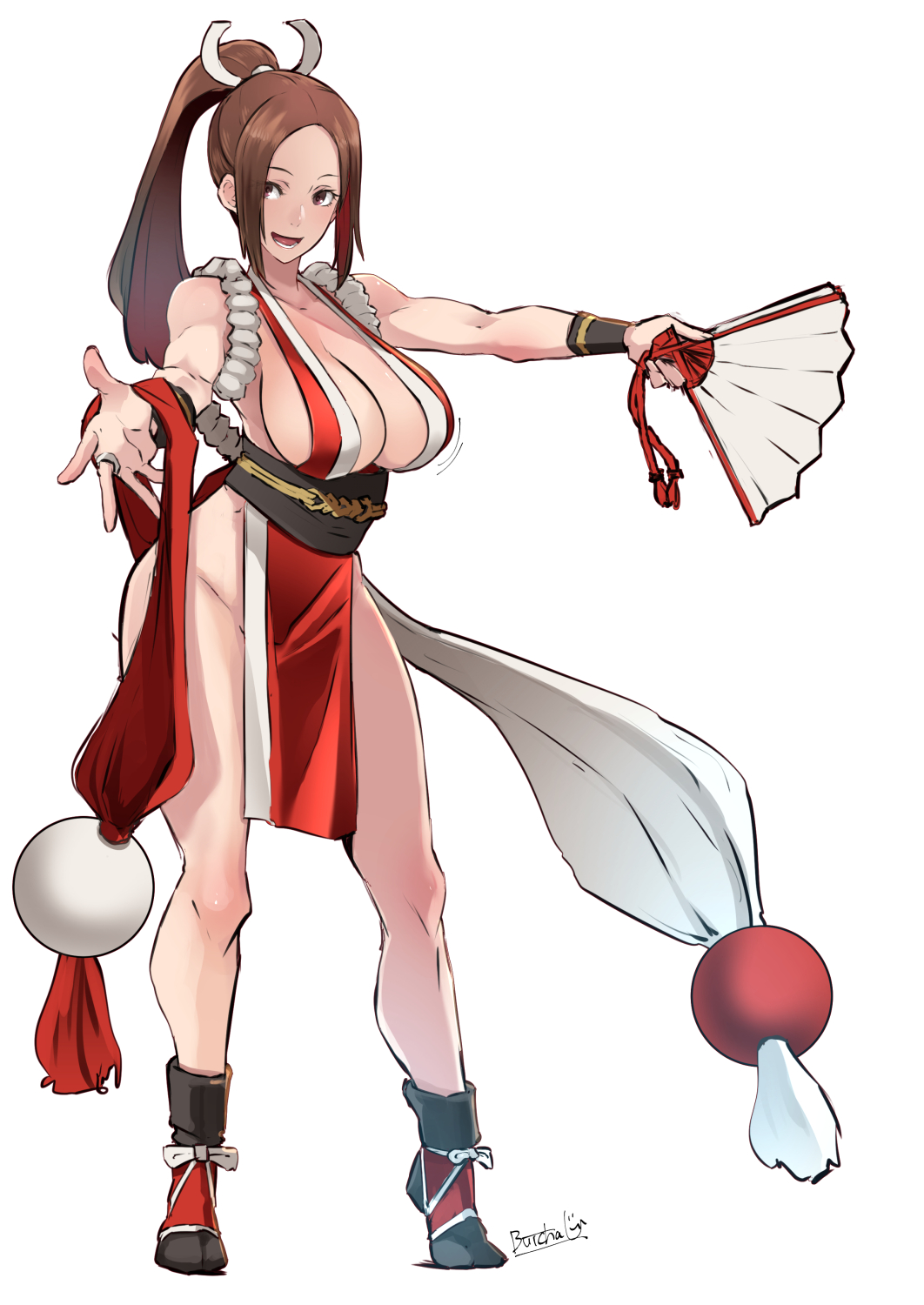 bare legs, big breasts, breasts, brown eyes, brown hair, busty, butcha-u, cleavage, fatal fury, female, female focus, female only, full body, hourglass figure, king of fighters, kunoichi, long hair, mai shiranui, ninja, ponytail, sideboob, sideless outfit, skimpy clothes, snk, standing, tagme, wide hips