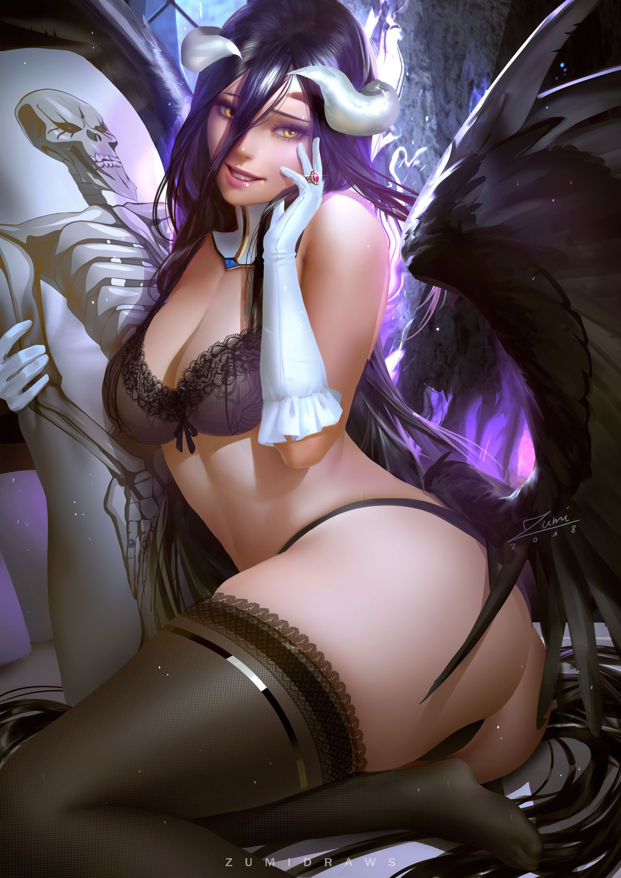 1girls, albedo (overlord), big breasts, breasts, demon, demon girl, female, gloves, half-closed eyes, half-dressed, overlord (maruyama), solo, succubus, zumi