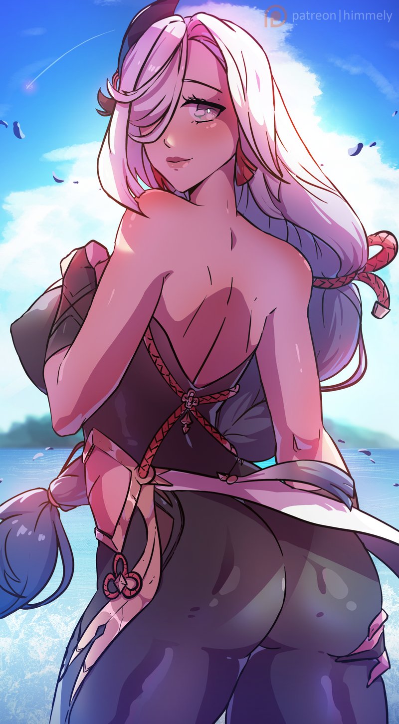 1girls, ass, ass focus, back, beach, big ass, big breasts, breasts, female, female only, genshin impact, himmely, light skin, light-skinned female, looking back, nipple bulge, shenhe (genshin impact), white hair