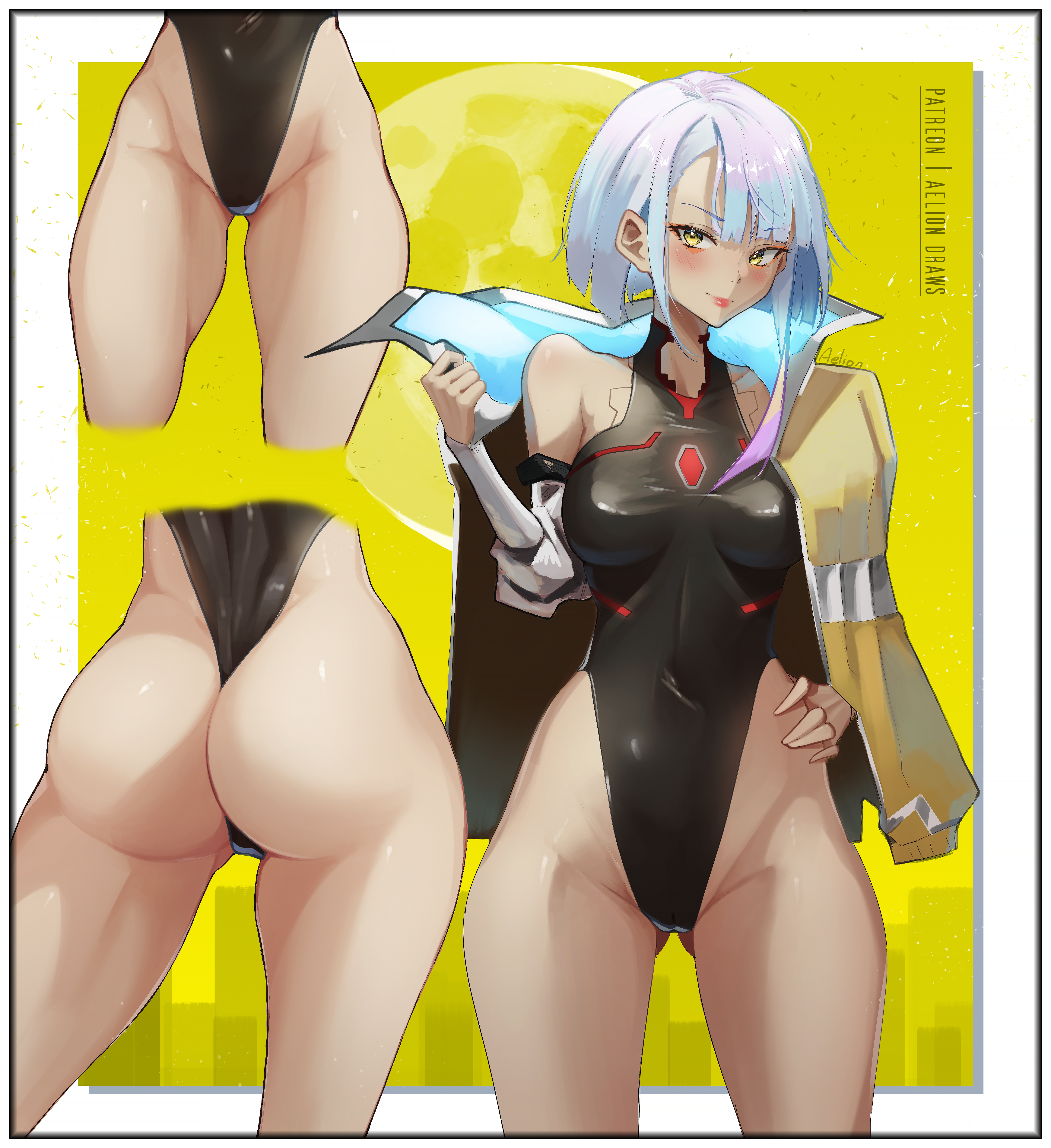 1girls, absurd res, aelion draws, ass, blush, breasts, cd projekt red, cybernetics, cyberpunk 2077, cyberpunk: edgerunners, cyborg, eye contact, female, female only, high resolution, leotard, light skin, looking at viewer, lucyna kushinada, multicolored hair, netflix, solo, studio trigger, thick thighs, thighs, tomboyish