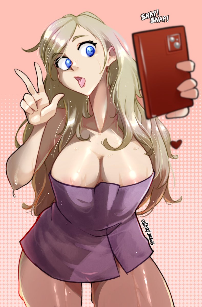 ann_takamaki areolae areolae_peeking blonde_hair blue_eyes camera hair_down haysey_draws long_hair mirror_selfie open_mouth out_of_shower persona persona_5 recording selfie tagme tongue tongue_out towel v wet_hair