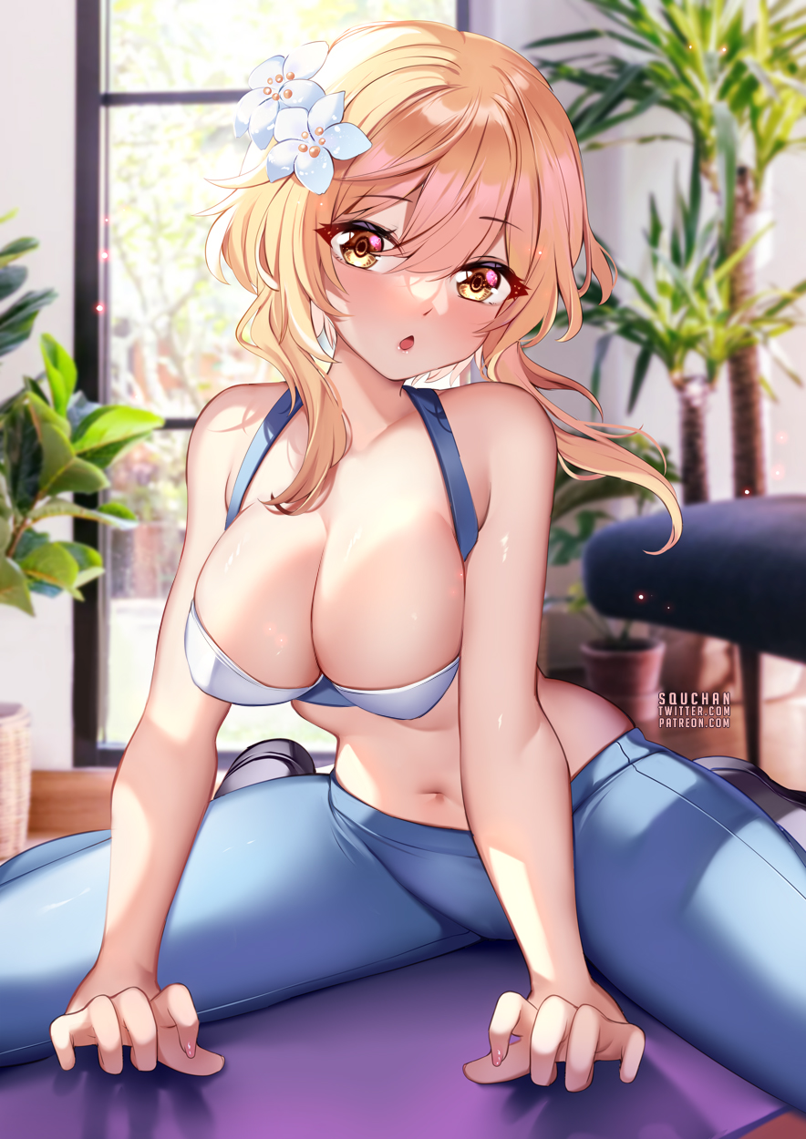 1girls, artist signature, blonde hair, breasts, cleavage, female, flower, flower hair ornament, flower in hair, genshin impact, gold eyes, gym clothes, hair ornament, hips, indoors, large breasts, light skin, light-skinned female, long hair, lumine (genshin impact), midriff, pale skin, pale-skinned female, slim waist, solo, solo female, splits, sports bra, sportswear, squchan, stretching, thick thighs, thighs, tight clothing, watermark, wide hips, yoga pants
