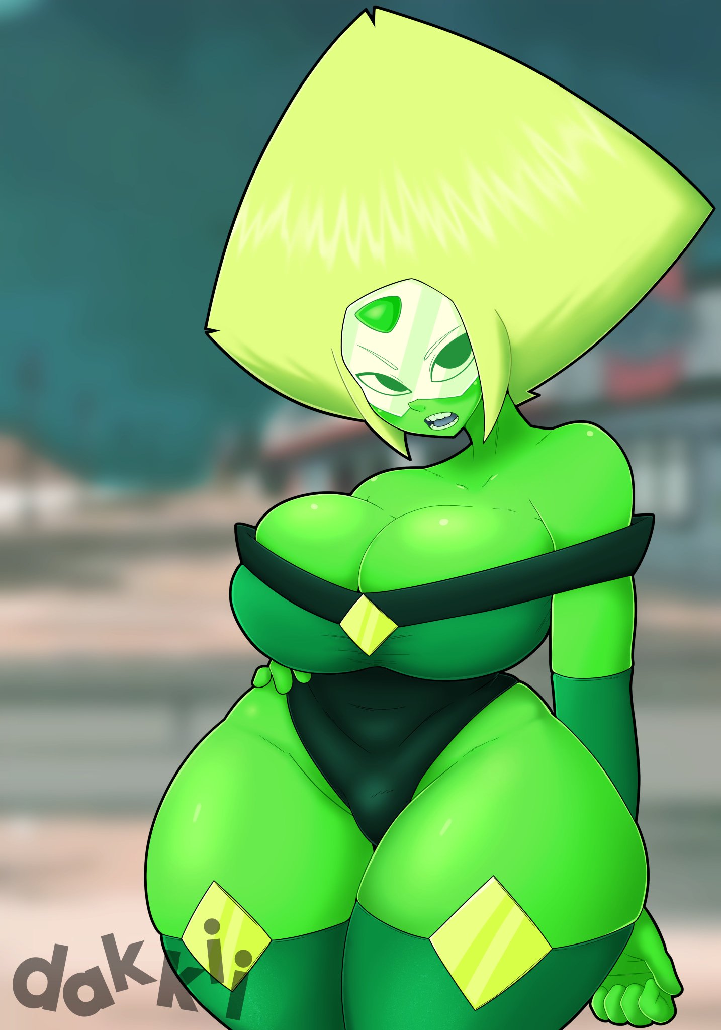 1girls big_breasts dakkii green_eyes green_skin peridot_(steven_universe) solo steven_universe text