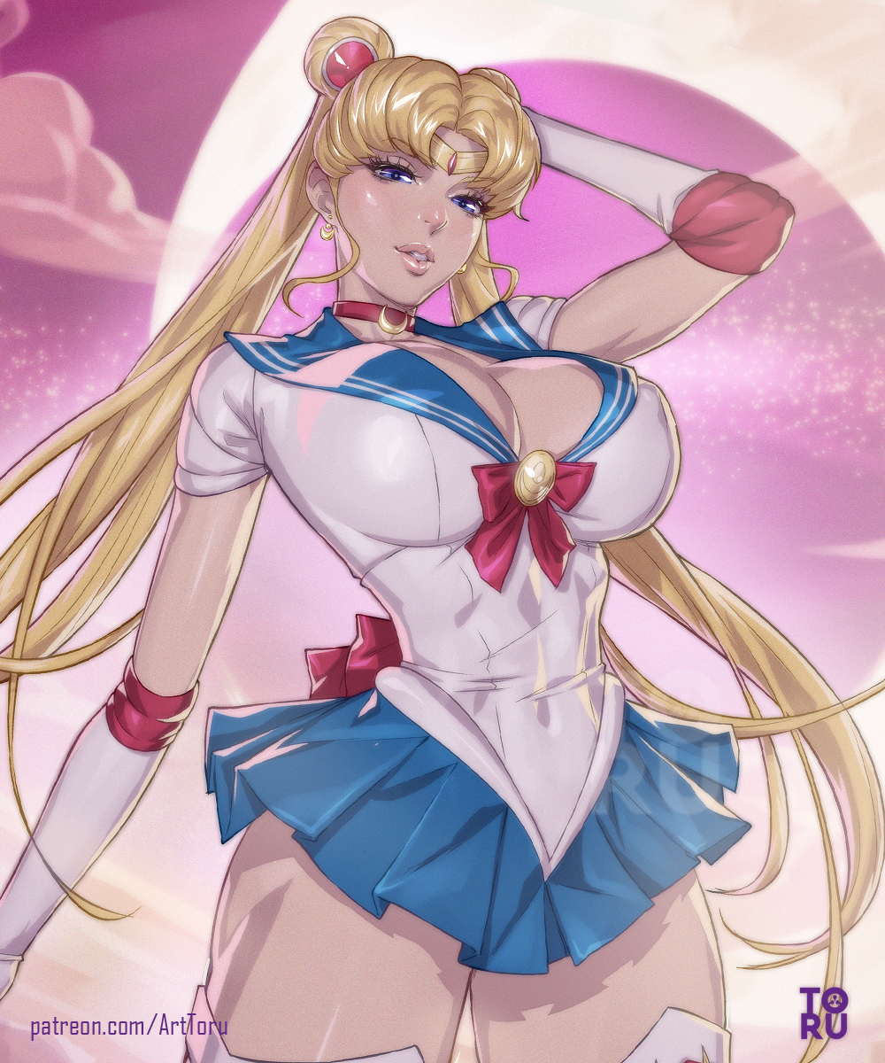 1girls, 2022, aged up, arttoru, big breasts, bishoujo senshi sailor moon, blonde hair, boots, breasts, bulge through clothing, choker, cleavage, clothing, collar, earrings, elbow gloves, eyelashes, eyeliner, female, female only, hi res, high resolution, large breasts, lipstick, looking at viewer, makeup, miniskirt, pink lipstick, sailor moon, sailor uniform, skirt, solo, thigh boots, tiara, twintails (hairstyle), usagi tsukino, very long hair