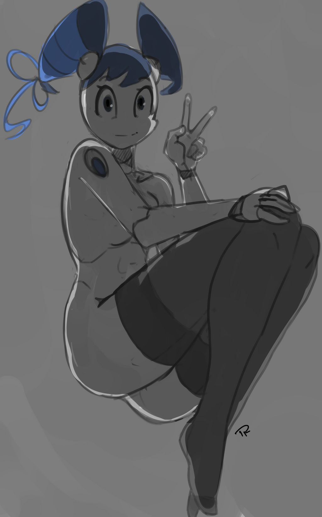 1girls ass blue_hair butt digitalrochambeau female female_only functionally_nude jenny_wakeman legwear my_life_as_a_teenage_robot nickelodeon peace_sign robot robot_girl robot_humanoid solo solo_female thick_thighs twintails white_body xj-9