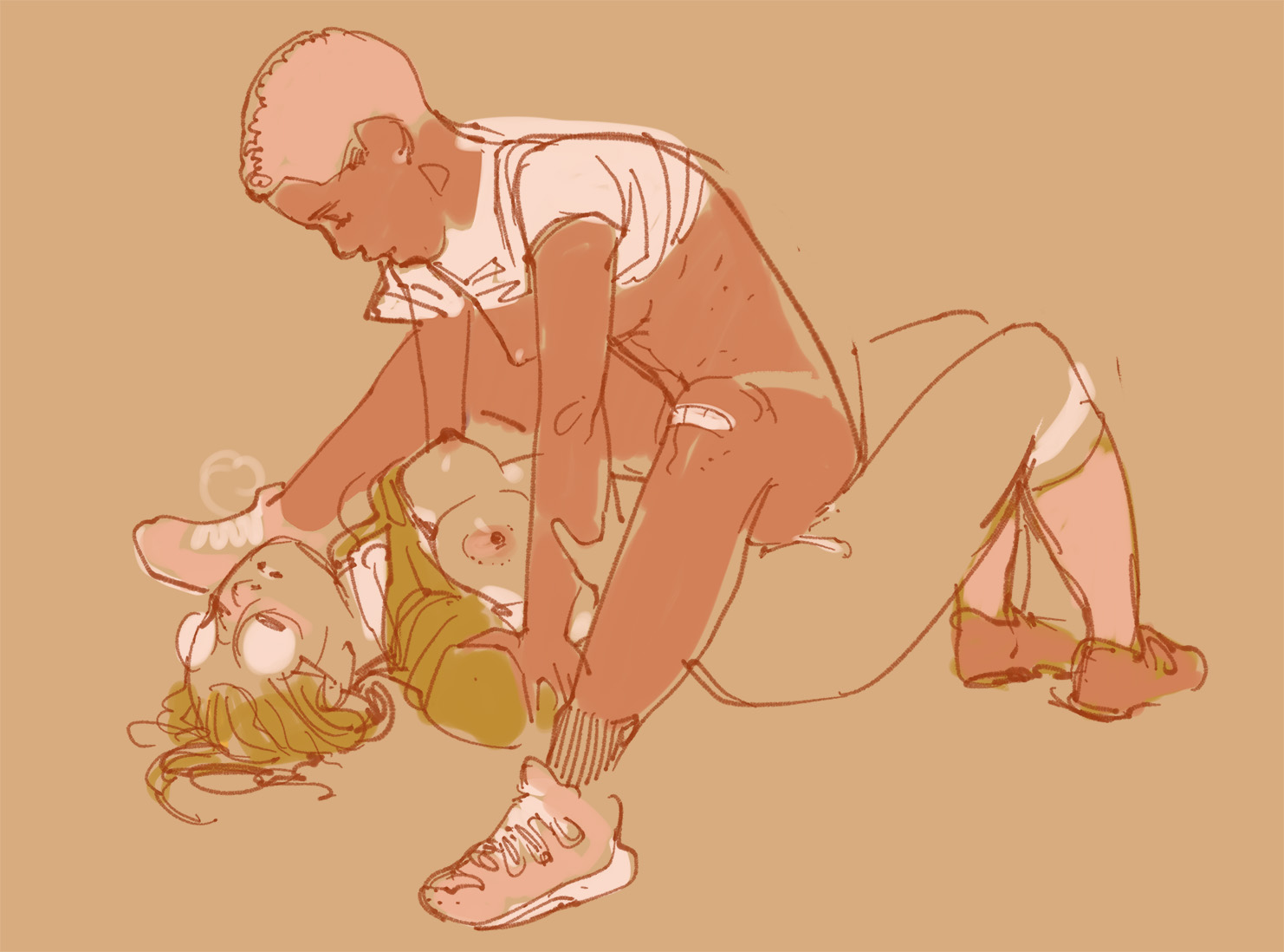 1futa, 1girls, blonde hair, bottomless, breasts, clothed, clothing, cowgirl position, dark skin, dark-skinned female, duo, female, female on futa, futa on female, futanari, glasses, heavy breathing, holly (wintonkidd), human, implied futa, intersex, libby (wintonkidd), light skin, light-skinned futa, mostly nude, on back, original character, pink hair, sex, shirt, shirt lift, shoes, short hair, socks, trans woman, transfem, wintonkidd