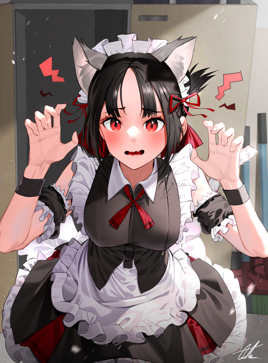 1girls artist_request black_hair blush cat_ears chanism chanism! dress female female_only kaguya-sama_wa_kokurasetai_~tensai-tachi_no_renai_zunousen~ maid_headdress maid_uniform shinomiya_kaguya solo tagme tagme_(artist)