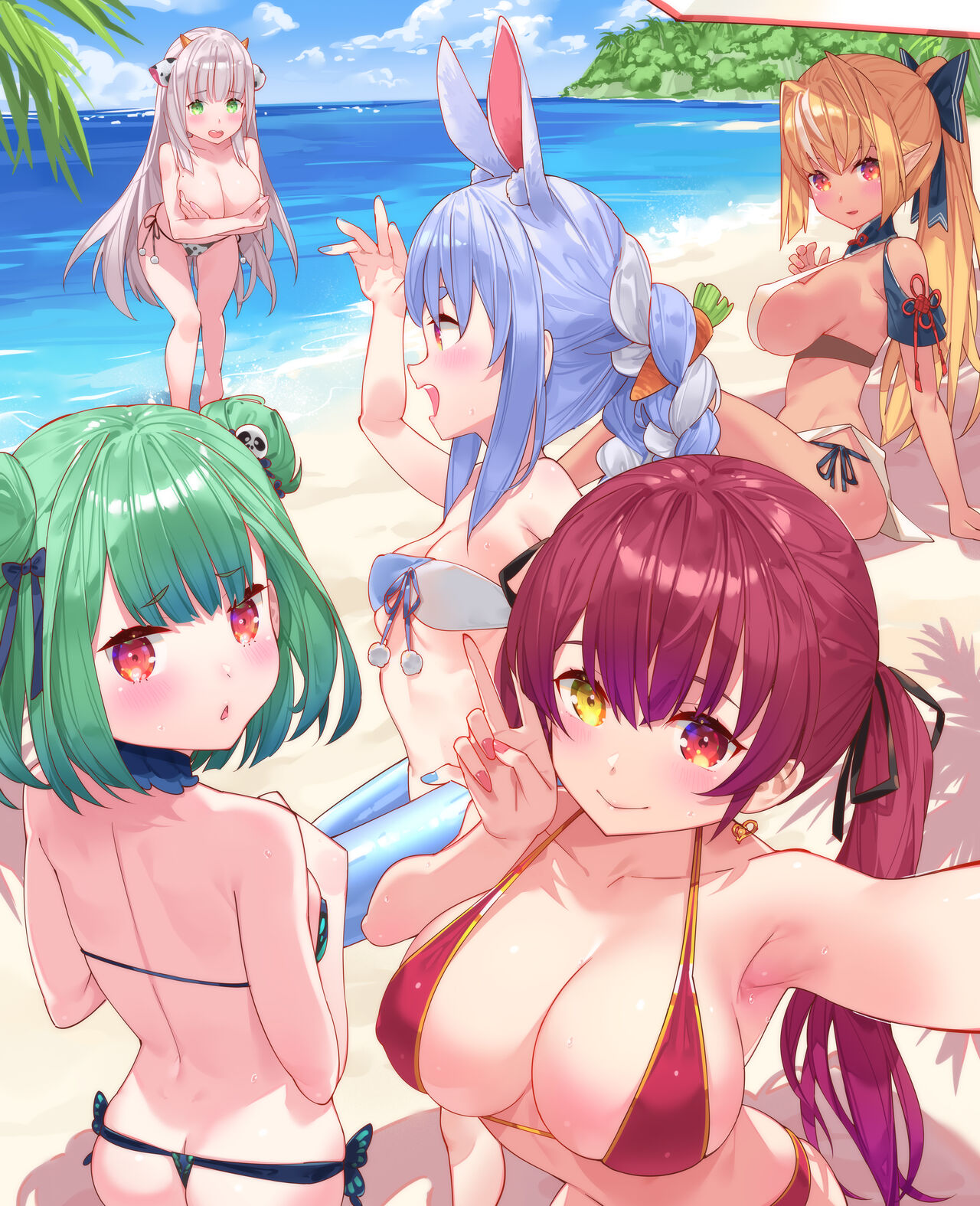 5girls, animal ears, ass, ass cleavage, ass crack, beach, big breasts, bikini, bikini bottom, bikini top, blonde hair, blush, bow, bow in hair, braid, braided hair, breasts, bunny ears, bunny girl, butt crack, butterfly wings, carrot, clothed, cloud, clouds, covered nipples, covering breasts, cow ears, cow horns, cow print, cow print bikini, dark skin, dark-skinned female, eyebrows visible through hair, female, female only, floatie, green eyes, green hair, hair ornament, hair ribbon, heterochromia, hololive, hololive fantasy, hololive japan, houshou marine, large breasts, light skin, light-skinned female, long hair, looking at viewer, medium breasts, multiple females, multiple girls, neckwear, ocean, open mouth, painted nails, pale skin, pale-skinned female, palm leaf, palm tree, parasol, peace sign, pointy ears, red eyes, sand, shiranui flare, shirogane noel, short hair, sideboob, sky, tagme, tan, tanned skin, twin braids, uruha rushia, usada pekora, virtual youtuber, water, waterring, white hair, yellow eyes
