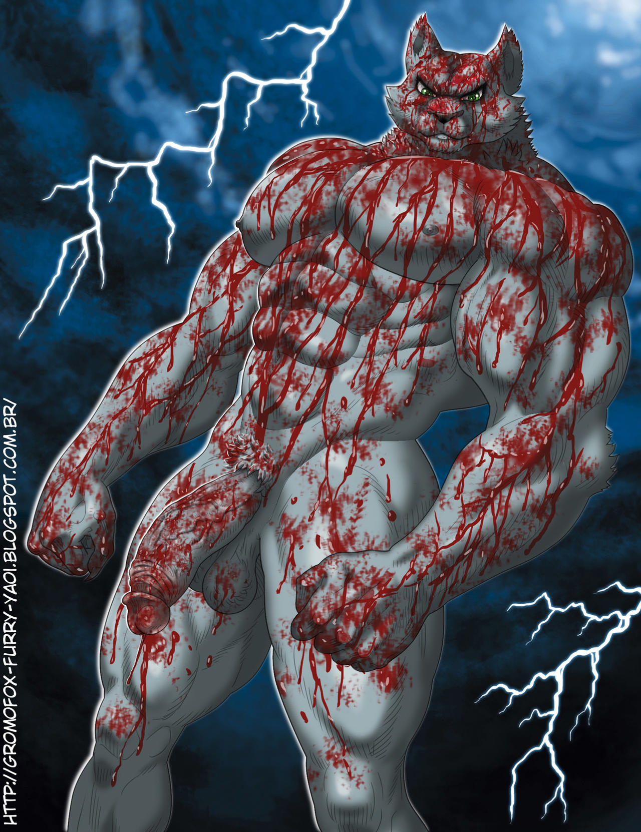 2022 abs anthro balls biceps blood blood_on_chest blood_on_face bodily_fluids canid canine canis fur genitals green_eyes grey_body grey_fur gromofox hi_res humanoid_genitalia humanoid_penis light lighting looking_at_viewer male mammal muscular muscular_male nipples pecs penis solo wolf