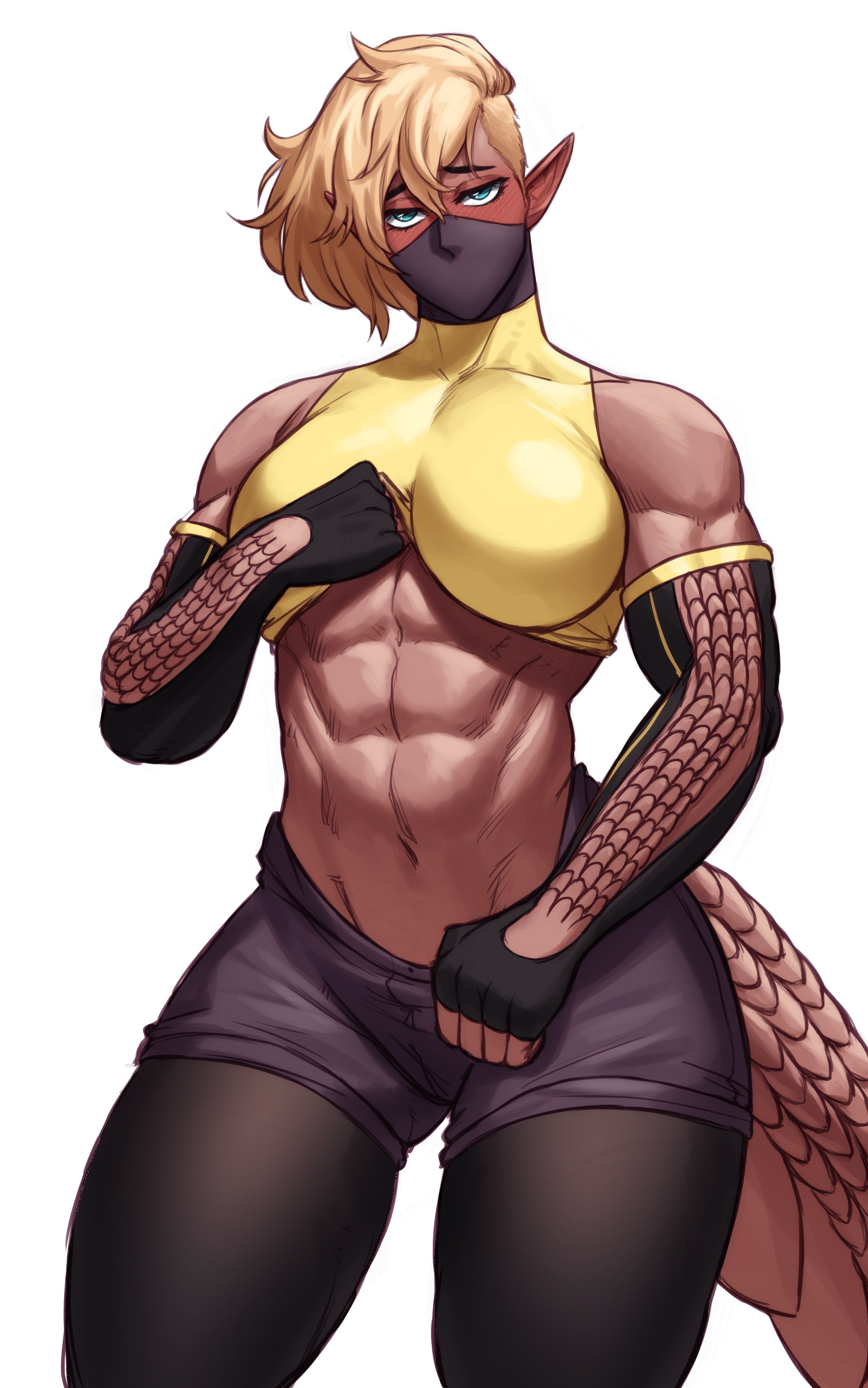 1girls, abs, absurd res, arm gloves, big breasts, blonde hair, blue eyes, breasts, commission, female, female only, fingerless gloves, looking at viewer, mask, medium hair, muscular, muscular female, narrowed eyes, pantyhose, pointy ears, scales, shorts, solo, solo female, sotcho, tail, thick thighs, topwear, white background