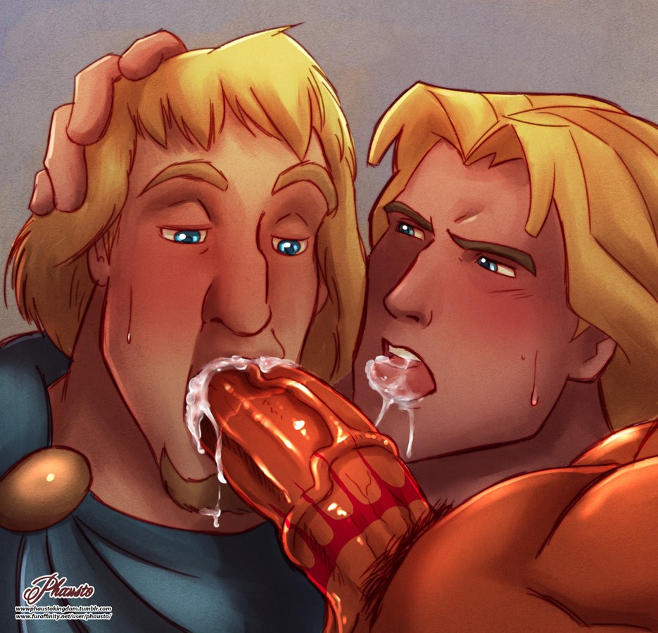 3boys blonde_hair blowjob blue_eyes cape crossover cum disney gay grey_background john_smith kocoum male male_focus male_only phausto phoebus pocahontas pubic_hair sweat tattoo tattoo_on_penis the_hunchback_of_notre_dame