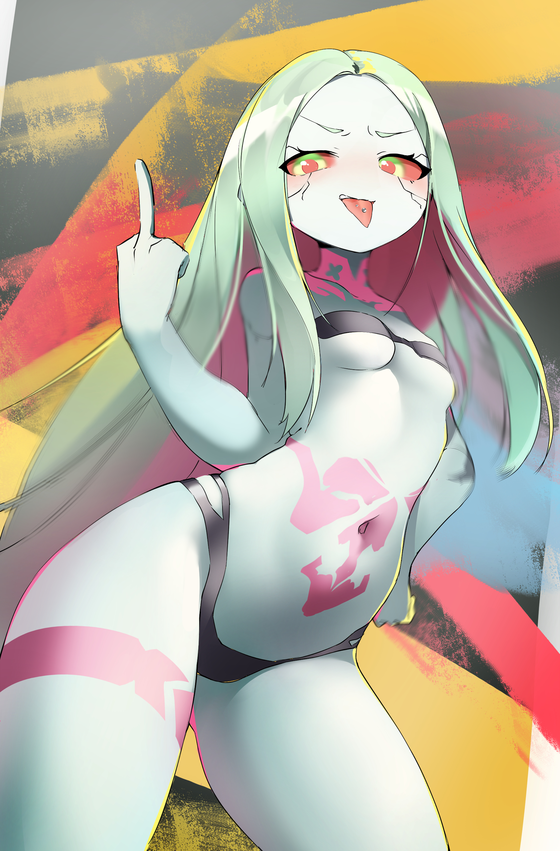 1girls, body markings, breasts, cybernetics, cyberpunk 2077, cyberpunk: edgerunners, cyborg, eye contact, female, female only, green eyes, hair down, long hair, looking at viewer, middle finger, rebecca (edgerunners), red sclera, silday (skabjh0147), small breasts, smaller female, solo, thick thighs, thighs