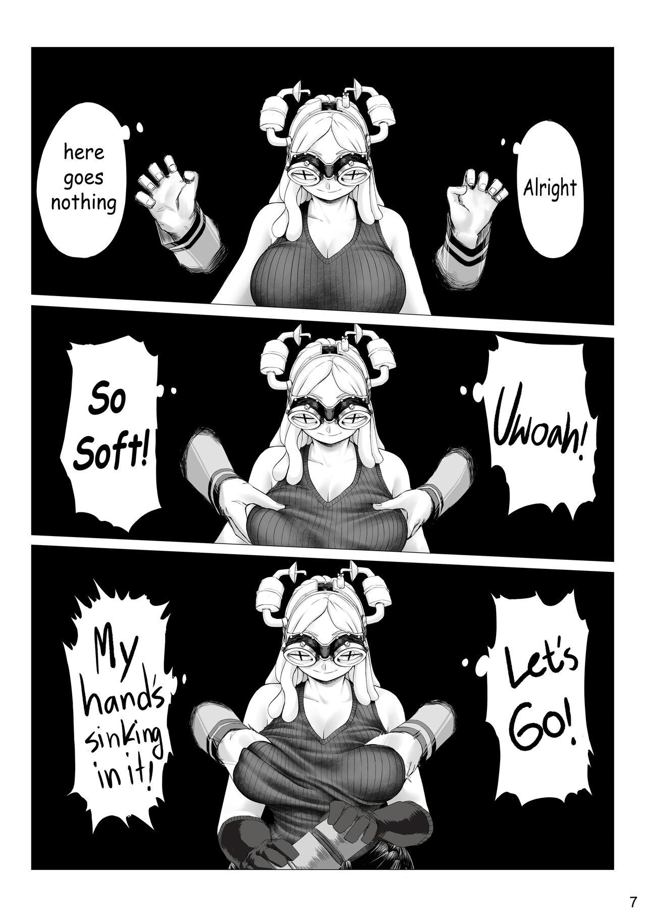 1boy, 1girls, amano44, big breasts, black and white, black clothing, black gloves, boku no hero academia, breast grab, breast squeeze, breasts, clothed, comic, deku, english text, female, female focus, gloves, grabbing, grabbing breasts, grabbing from behind, groping, groping from behind, hands on breasts, hatsume mei, huge breasts, izuku midoriya, male, medium hair, mei hatsume, midoriya izuku, monochrome, my hero academia, oblivious, tank top, text, text bubble, touching breasts