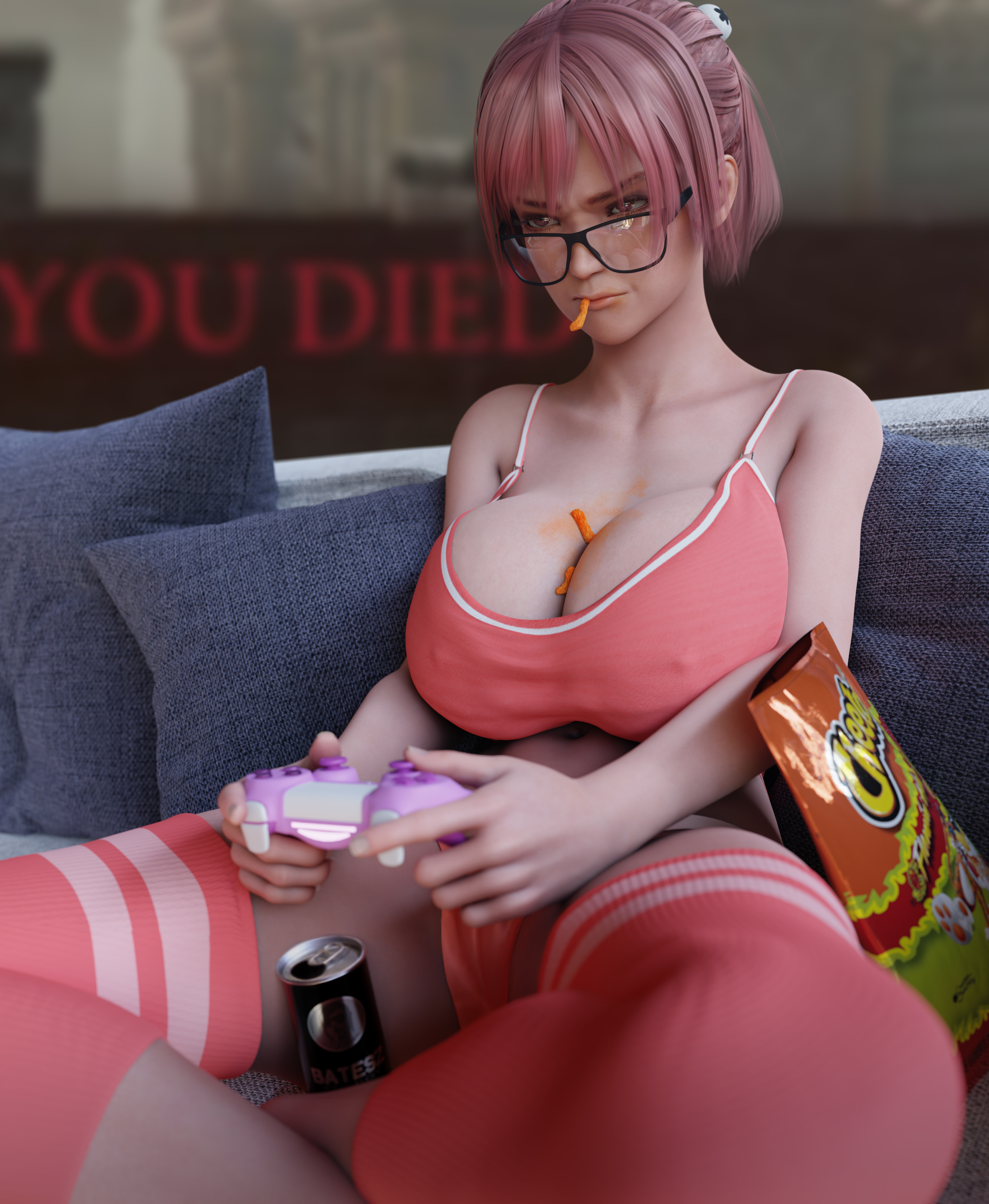 1girls, 3d, batesz, big breasts, breasts, cleavage, dead or alive, erect nipples, erect nipples under clothes, female, female only, game controller, honoka (doa), huge breasts, nipples, sitting, solo