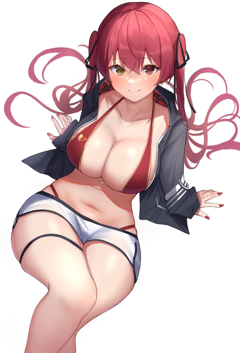 bangs, bikini, black jacket, breasts, closed mouth, collarbone, dolphin shorts, female, fingernails, gold trim, hair ribbon, heterochromia, highres, hololive, hololive fantasy, hololive japan, houshou marine, jacket, large breasts, leaning back, long hair, looking at viewer, menmen13s, nail polish, navel, open clothes, open jacket, red bikini, red eyes, red hair, red nails, ribbon, shorts, simple background, sitting, smile, solo, stomach, swimsuit, thigh strap, twintails, virtual youtuber, white background, white shorts, yellow eyes