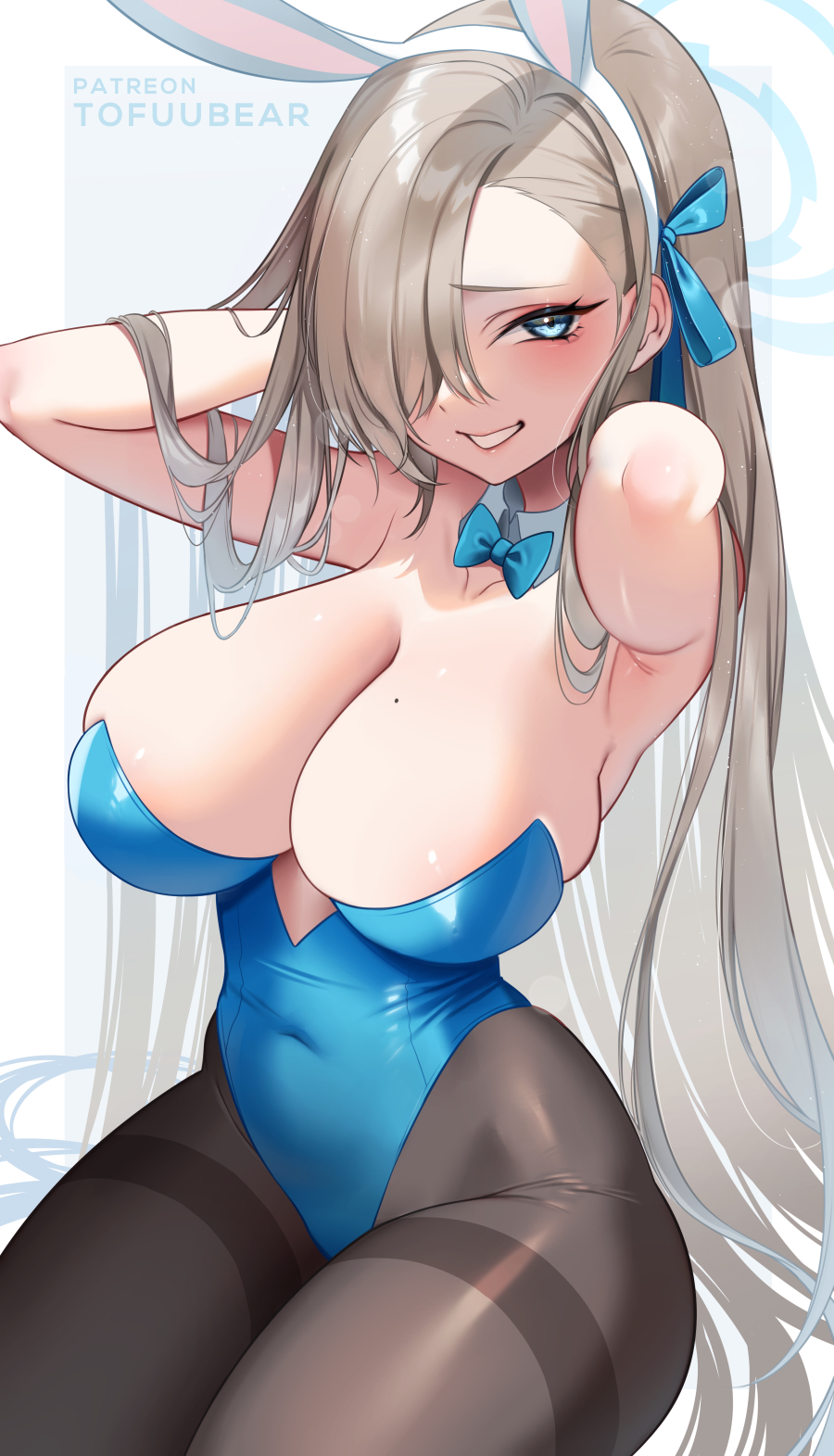 1girls, asuna (blue archive), asuna (bunny) (blue archive), beauty mark, blonde hair, blue archive, blue eyes, blue leotard, blush, breasts, bunny ears, bunny girl, bunny tail, bunnysuit, female, grin, hair over one eye, highleg leotard, hips, huge breasts, leotard, light skin, light-skinned female, long hair, mole on breast, naughty face, patreon username, slim waist, smile, thick thighs, thighs, tights, tofuubear, wide hips