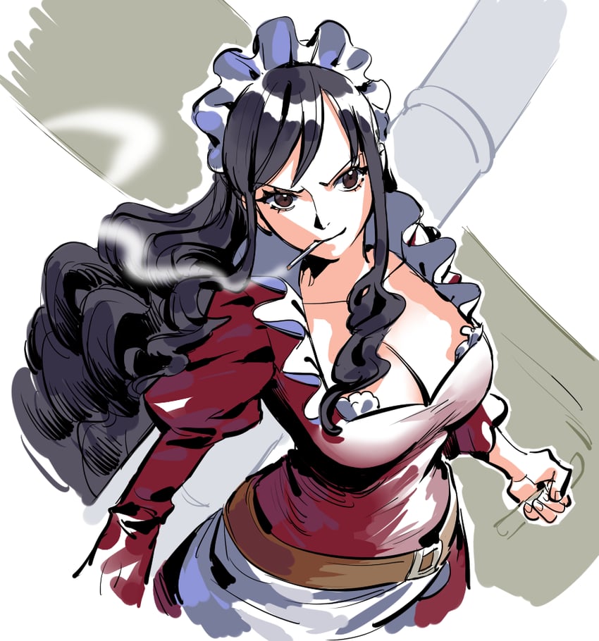 1girls baby_5 black_hair breasts cigarette cleavage female female_only maid maid_headdress maid_uniform one_piece raine_(acke2445) smoking solo_female tagme