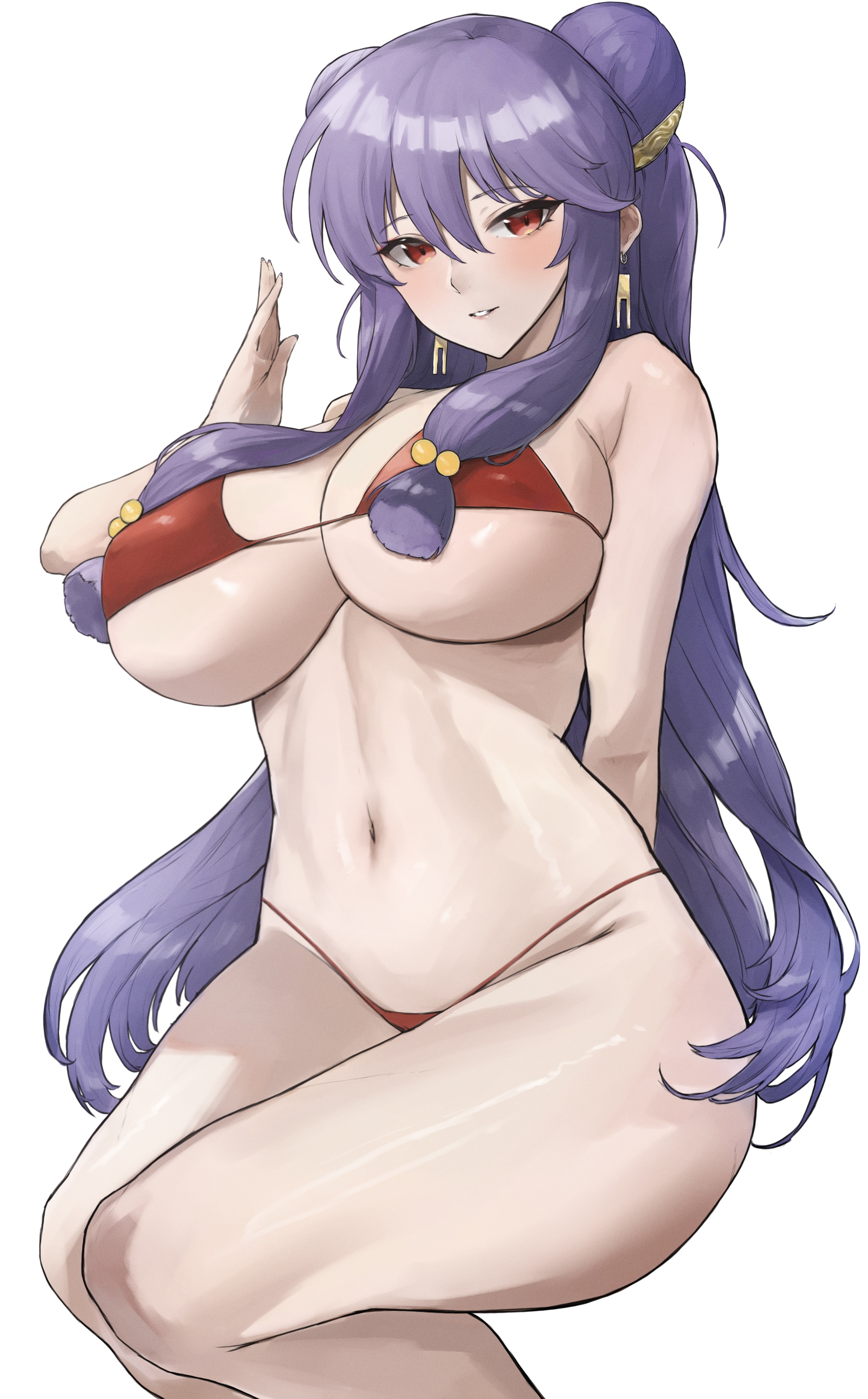 absurdres, arm behind back, bangs, bare shoulders, bikini, blush, breasts, earrings, female, hair ornament, highres, huge breasts, jewelry, kataku musou, large breasts, long hair, looking at viewer, navel, parted lips, purple hair, ranma 1/2, red bikini, red eyes, shampoo (ranma 1/2), shiny, shiny hair, shiny skin, sidelocks, simple background, smile, stomach, swimsuit, thighs, white background