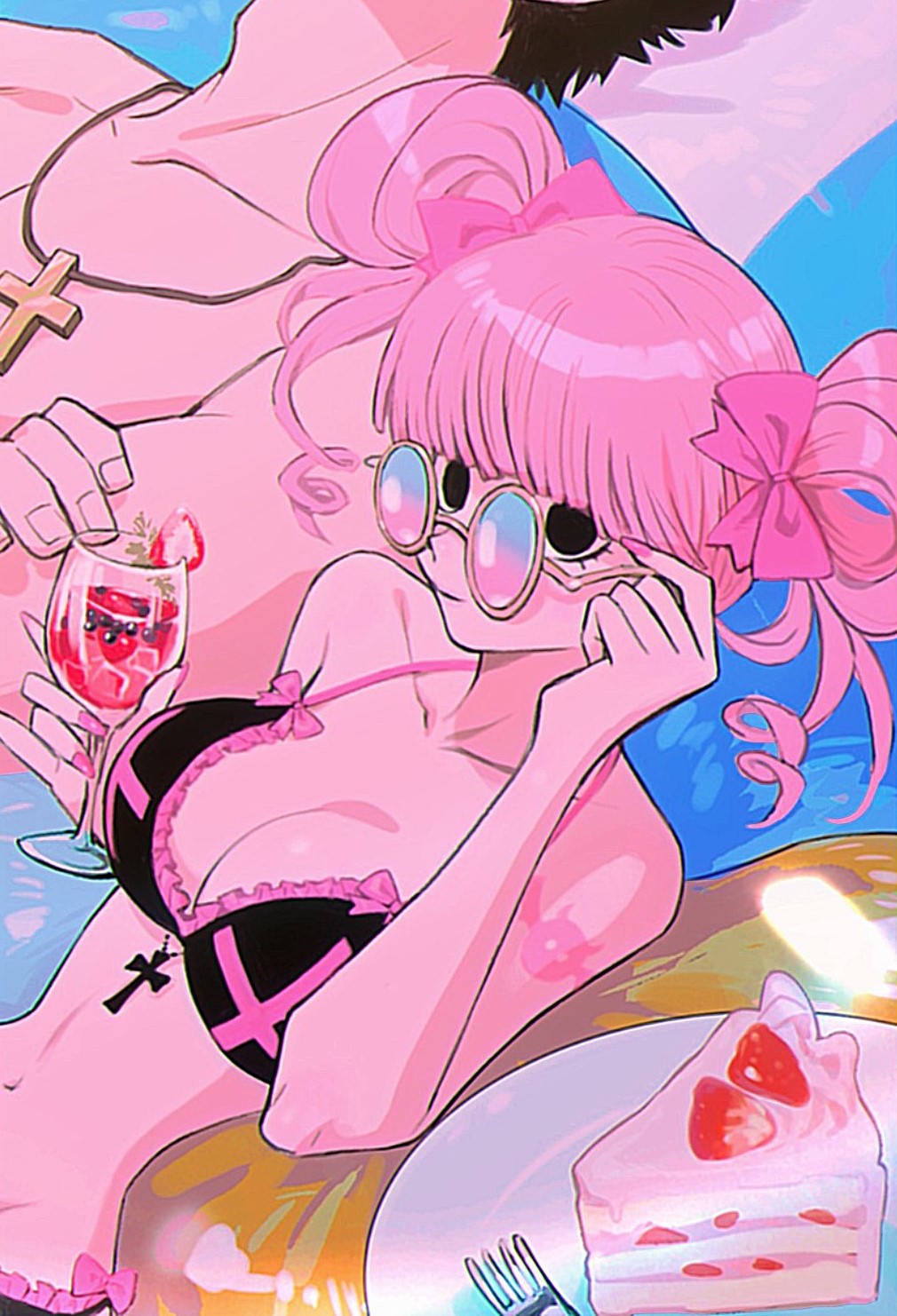 1girls bikini breasts cleavage double_bun female goth hair_bun looking_at_viewer male mihoperobot navel one_piece perona pink_hair solo_female swimsuit tagme