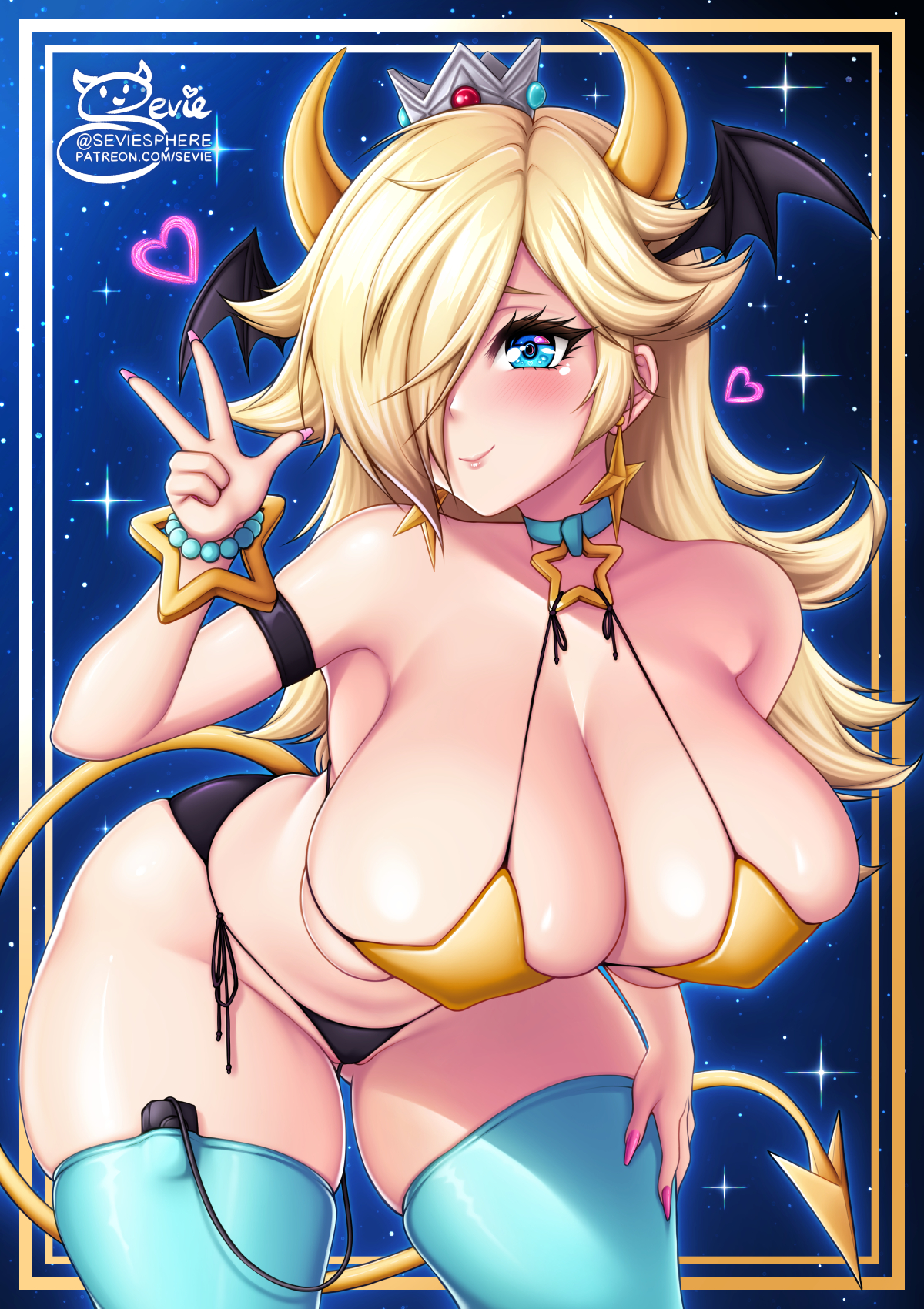 1girls, ass, blonde hair, blue eyes, blush, breasts, cleavage, demon, female, female only, hair over one eye, head wings, hips, horns, huge breasts, large ass, leaning forward, light skin, light-skinned female, long hair, looking at viewer, mario (series), nintendo, outer space, peace sign, princess rosalina, sevie, skindentation, slim waist, smile, space, stars, succubus, succubus costume, super mario galaxy, tail, thick thighs, thighhighs, thighs, wide hips