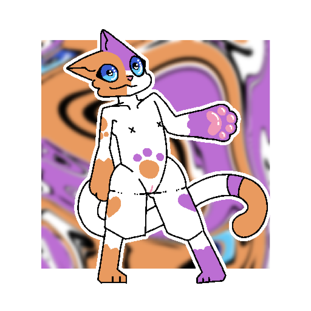 :3 abstract_background blue_sclera cally_(theenyface) capcom dipstick_tail domestic_cat felid feline felis felyne female fur genitals gesture heart heart_(marking) long_tail lynian mammal markings monster_hunter orange_body orange_fur outline palico pawpads pink_pawpads purple_body purple_fur pussy semi-anthro solo standing tail_markings theenyface video_games waving white_body white_fur x_nipples