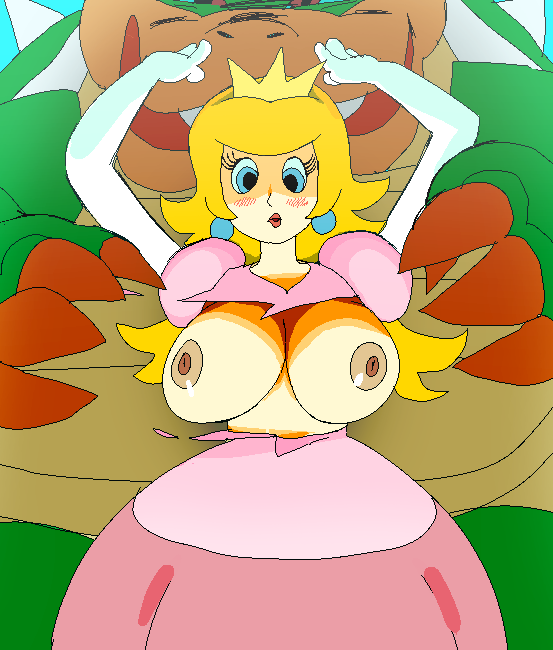 1girls arm_gloves arms_up blonde_hair blue_eyes blush bowser breasts breasts_out breasts_outside cd-i crown dress eyelashes faceless_male focus from_behind hotel_mario huge_breasts lipstick lizard looking_down mario_(series) nintendo nipples no_bra pink_dress princess princess_peach shadow shiny_skin tearing_clothes torn_clothes torn_dress yev-san