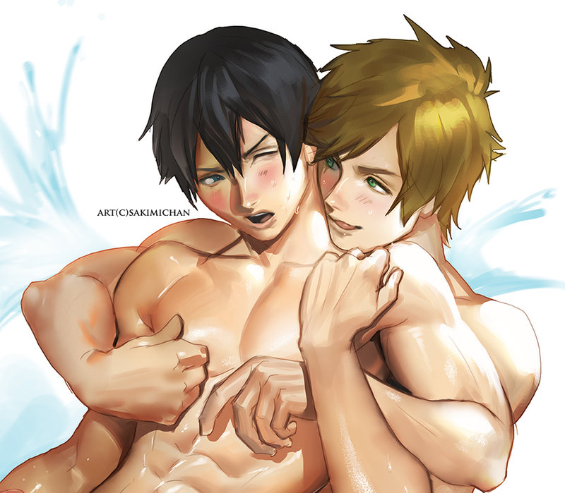 2boys, abs, blush, free!, green eyes, hugging from behind, licking lips, licking own lips, makoto tachibana, male, male only, muscular, muscular male, nanase haruka (free!), nude, nude male, one eye closed, open mouth, pinching nipples, sakimichan, shirtless, tachibana makoto, tongue, yaoi