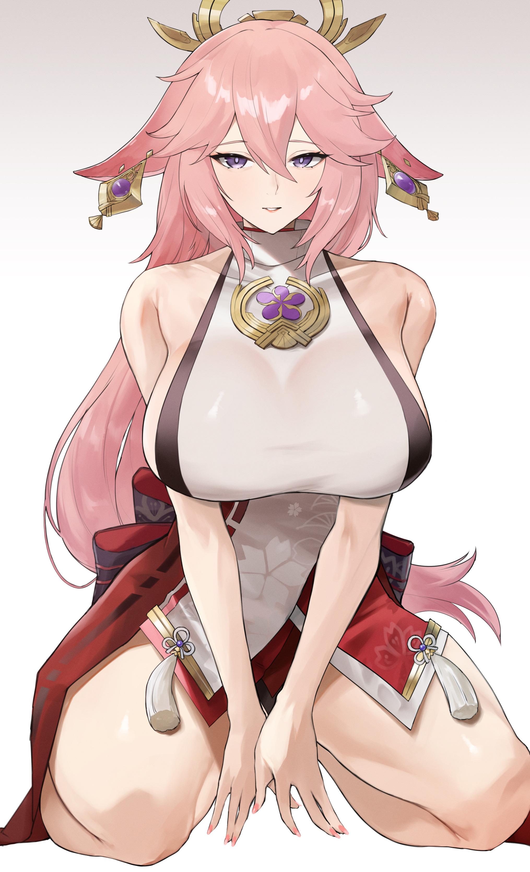 1girls, animal ears, breasts, clothed, ear piercing, female, fox ears, fox girl, genshin impact, hips, huge breasts, kataku musou, kitsune, kneeling, light skin, light-skinned female, long hair, miko, pink hair, purple eyes, shrine maiden, simple background, slim waist, thick thighs, thighs, wide hips, yae miko