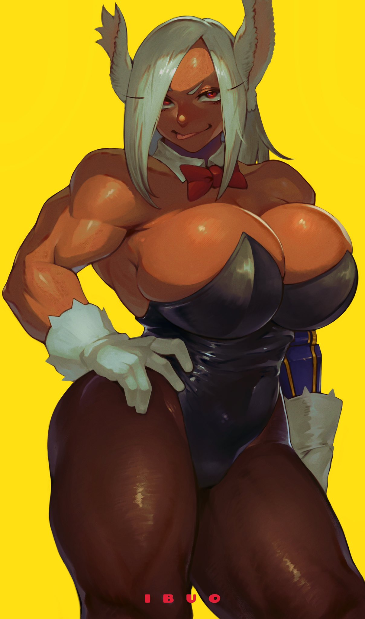 1girls big_ass big_breasts boku_no_hero_academia bowtie bunny_ears bunnysuit dark-skinned_female female female_only gloves hero_outfit_(mha) ibuo latex looking_at_viewer miruko muscular_female my_hero_academia pantyhose red_eyes rumi_usagiyama shiny_clothes skindentation solo thick_thighs tight_clothing tongue tongue_out white_hair yellow_background