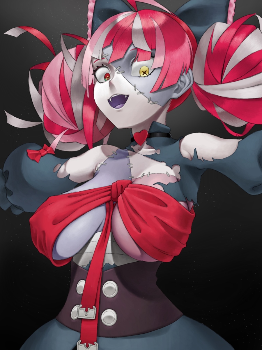 breasts, collar, female, hololive, hololive indonesia, hololive indonesia holoro, kureiji ollie, large breasts, looking at viewer, looking down, open mouth, patchwork skin, red hair, skylock, solo female, torn clothes, virtual youtuber, zombie, zombie girl