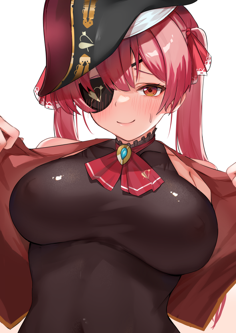 arrow_through_heart ascot bangs bare_shoulders bicorne black_headwear black_leotard blush breasts closed_mouth covered_navel covered_nipples cropped_jacket eyepatch female hat hololive hololive_fantasy hololive_japan houshou_marine impossible_clothes impossible_leotard large_breasts leotard long_hair looking_at_viewer neko_no_suke_(nekoneco118) one_eye_covered open_clothes open_vest pirate_hat red_ascot red_eyes red_hair red_vest sleeveless sleeveless_jacket smile solo twintails undressing upper_body vest virtual_youtuber