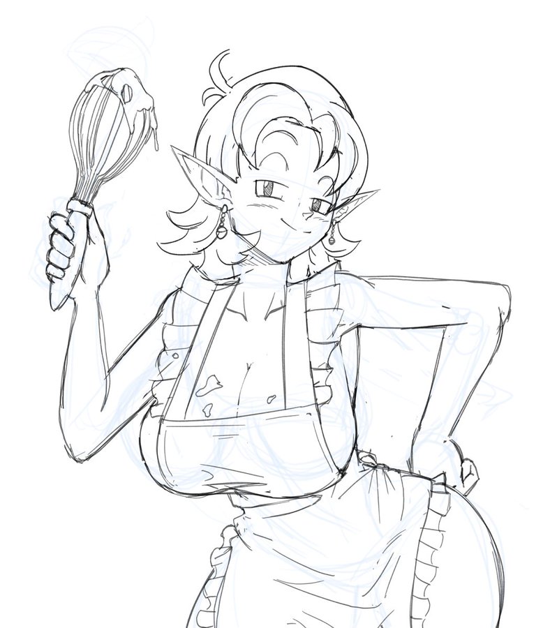 apron_only big_breasts chronoa clothed dragon_ball dragon_ball_heroes dragon_ball_super dragon_ball_xenoverse dragon_ball_z grin housewife kappa_spark naked_apron naughty_face potara_earrings sketch