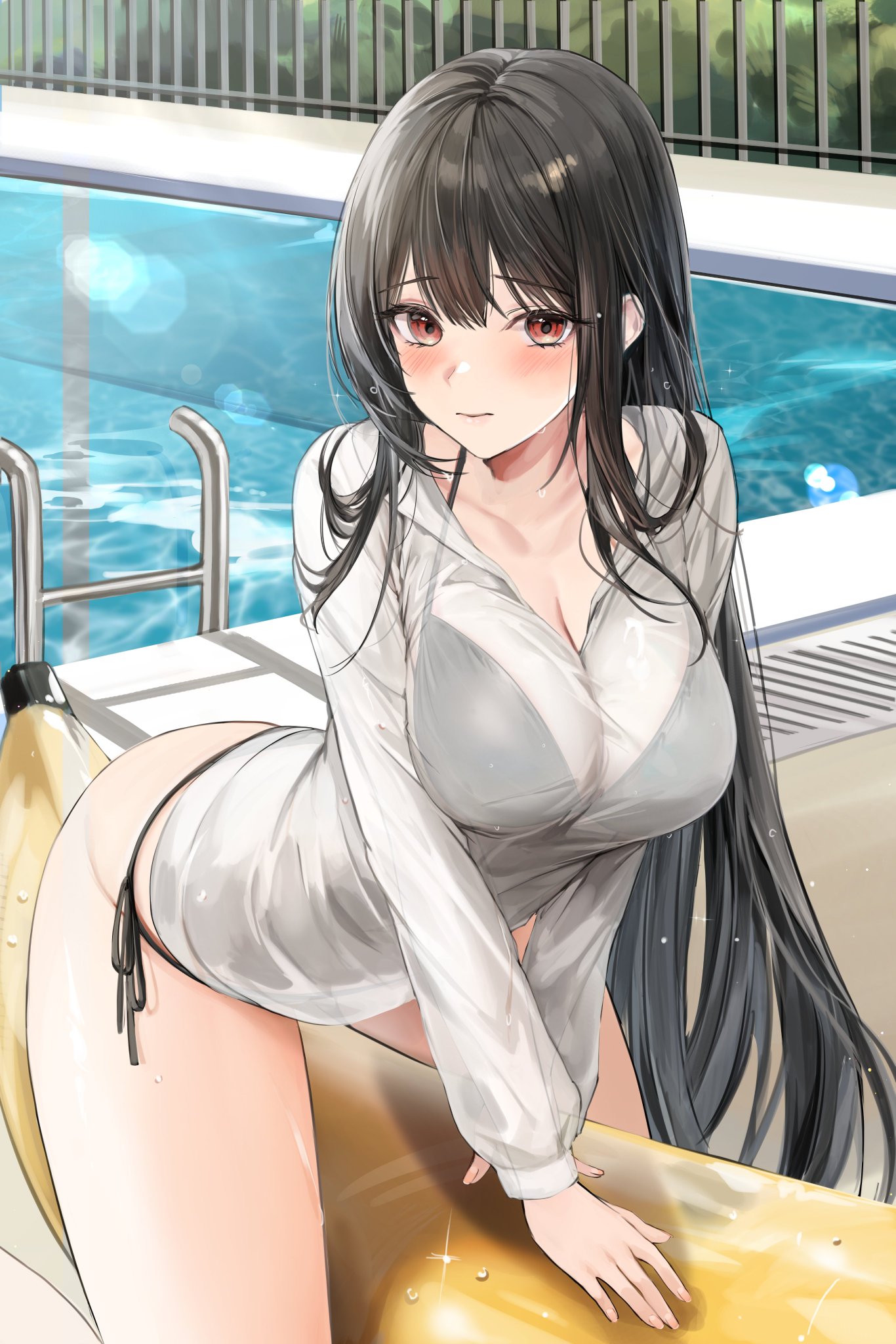 2022, big breasts, black bra, black hair, black thong, breasts, female, highres, lillly, long hair, looking at viewer, original, poolside, wet body, wet clothes
