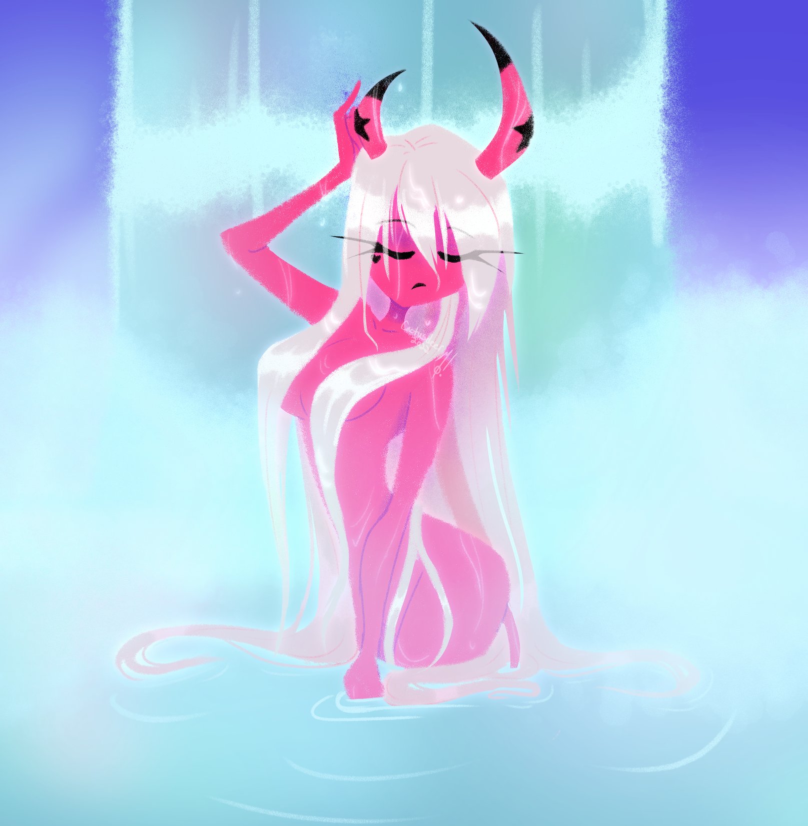 1girls, ass, breasts, bubble ass, bubble butt, demon, female, hair covering breasts, helluva boss, lipstick, pink hair, pink skin, pussy, rainydaydeer, shower, solo, succubus, tagme, verosika mayday (helluva boss), waterfall, wet body