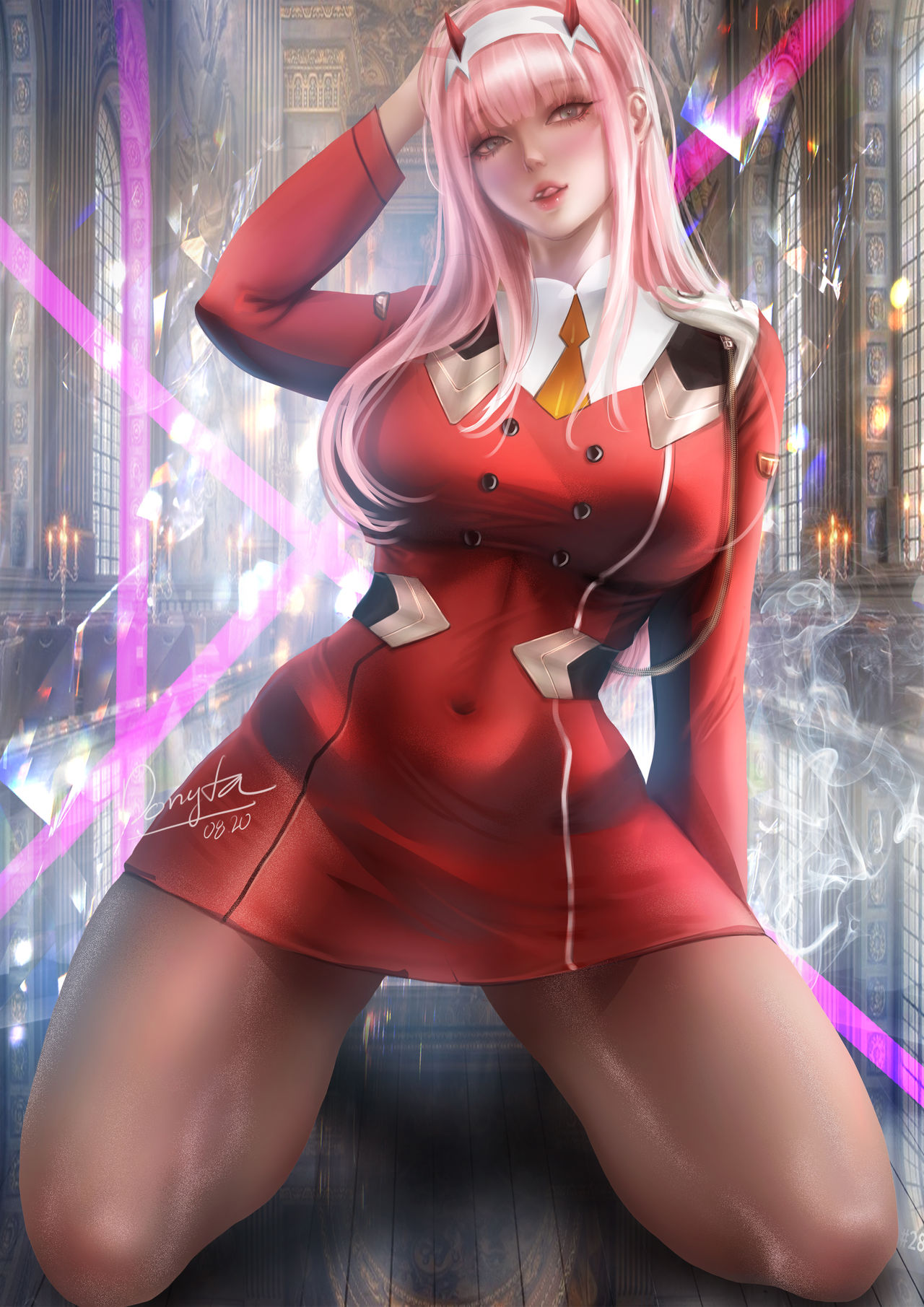 1girls big_breasts breasts darling_in_the_franxx donyta horns nipples pantyhose pussy solo uncensored zero_two_(darling_in_the_franxx)