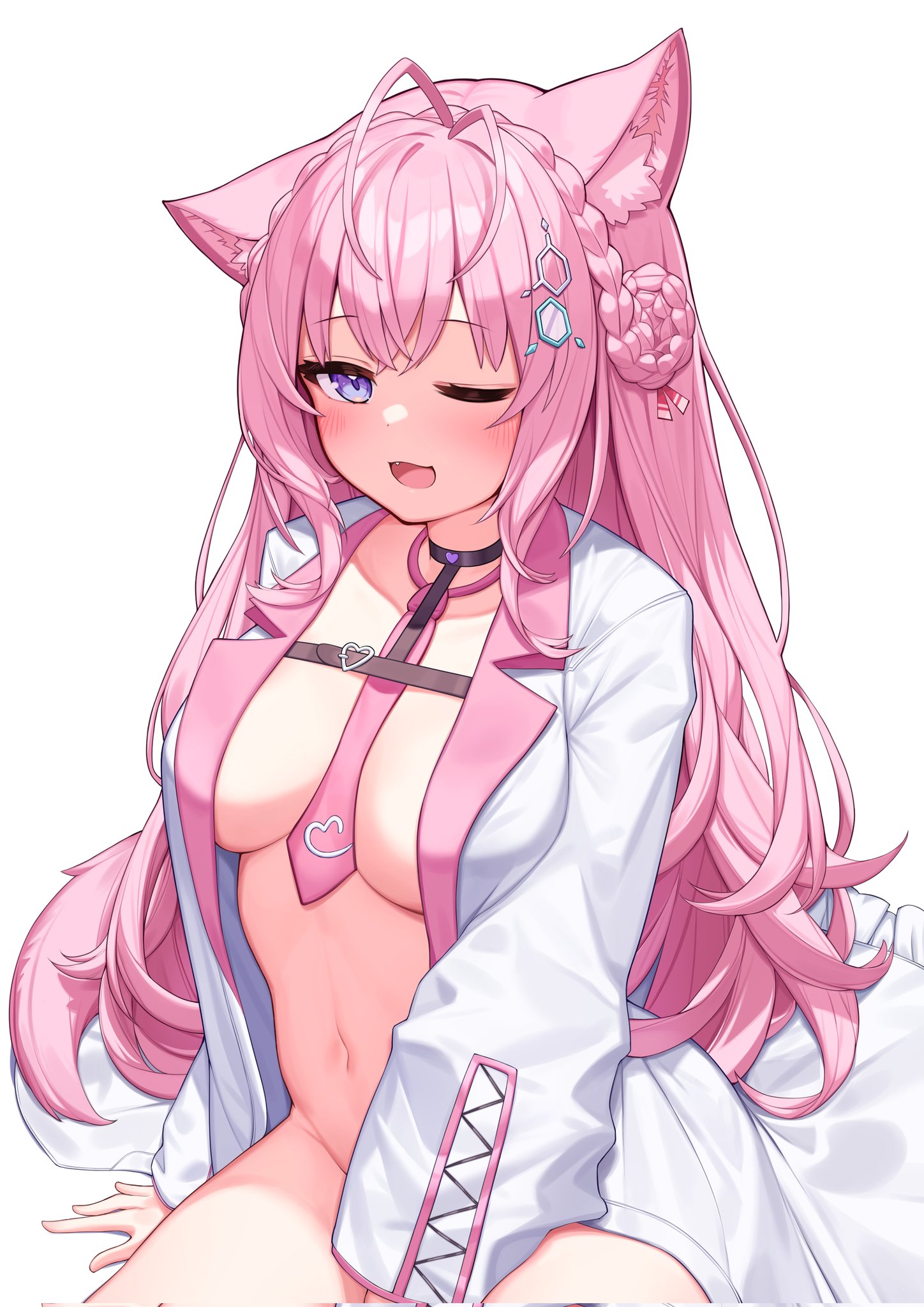 ;d, animal ear fluff, animal ears, antenna hair, bangs, between legs, black choker, blush, braid, braided bun, breasts, breasts apart, choker, coyote ears, crown braid, deaver, female, hair bun, hair ornament, hakui koyori, hand between legs, highres, hololive, hololive japan, holox, labcoat, large breasts, long hair, long sleeves, looking at viewer, naked labcoat, navel, oerba yun fang, one eye closed, open mouth, pink hair, purple eyes, simple background, sitting, smile, solo, tie, very long hair, virtual youtuber, white background, wink