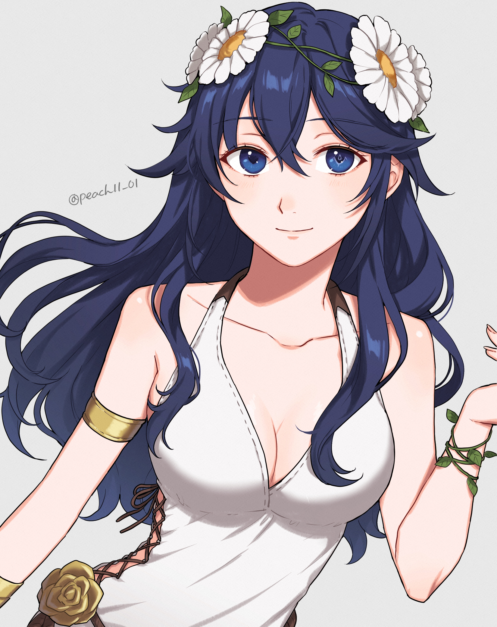 1girls, alternate costume, armlet, bangs, bare shoulders, blue eyes, blue hair, breasts, cleavage, closed mouth, collarbone, commentary, dress, english commentary, female, female only, fire emblem, fire emblem awakening, fire emblem heroes, floating hair, flower, grey background, hair between eyes, hair flower, hair ornament, highres, jewelry, light skin, light-skinned female, long hair, looking at viewer, lucina (fire emblem), medium breasts, nintendo, official alternate costume, pale skin, pale-skinned female, peach11 01, simple background, sleeveless, sleeveless dress, smile, solo, solo female, symbol-shaped pupils, twitter username, white dress, white flower
