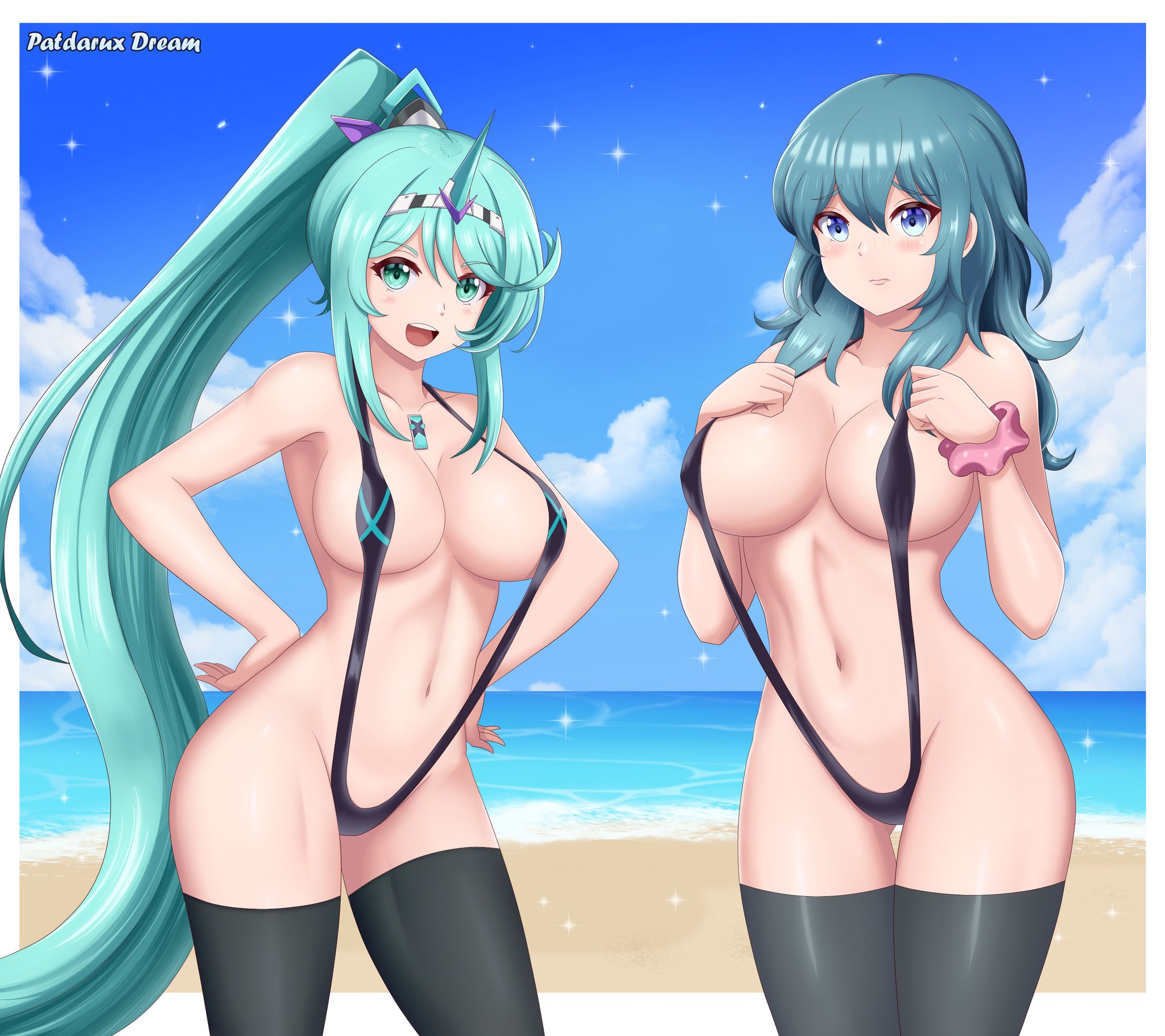 2girls, alternate costume, black swimsuit, blue eyes, blue hair, breasts, byleth (fire emblem), byleth (fire emblem) (female), crossover, female, female only, fire emblem, fire emblem: three houses, nintendo, patdarux, pneuma (xenoblade), sling bikini, slingshot swimsuit, xenoblade (series), xenoblade chronicles 2