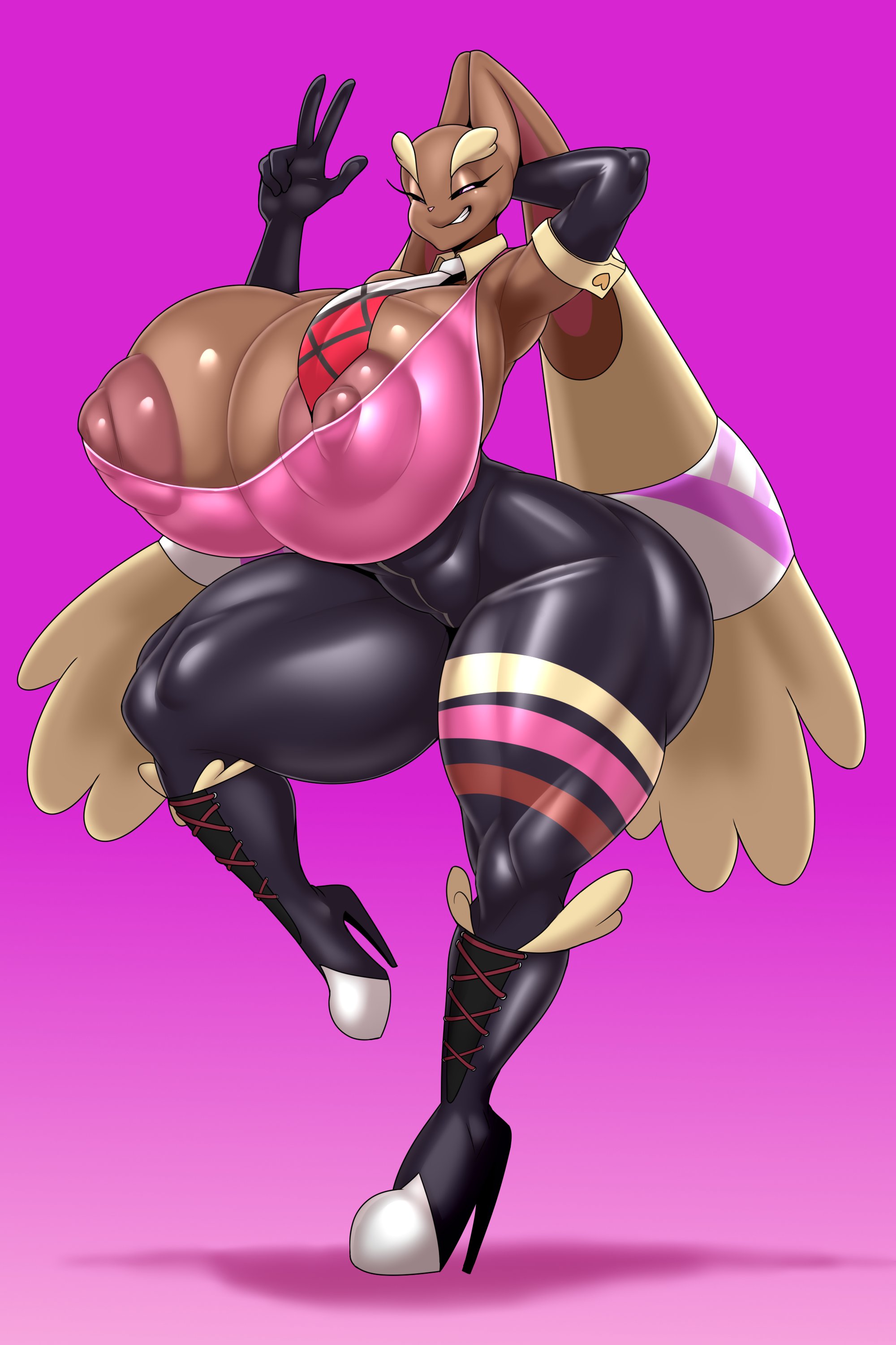 <3 pupils, 1girls, absurd res, anthro, areola, ber00, big breasts, blossom (palisal), boots, bottomwear, breasts, brown areola, brown body, brown nipples, busty, camel toe, cameltoe, clothed, clothes, clothing, eyes closed, female, female only, footwear, generation 4 pokemon, gesture, gloves, hand behind head, handwear, hi res, high heeled boots, high heels, huge breasts, huge thighs, lagomorph, large breasts, long ears, looking at viewer, lopunny, narrowed eyes, necktie, nintendo, nipples, outfit, pants, pink eyes, pokémon (species), pokemon, pokemon (species), pussy, rabbit, shirt, smile, solo, thick thighs, tight clothes, tight clothing, tight fit, tight pants, tights, topwear, v sign, video games, wide hips