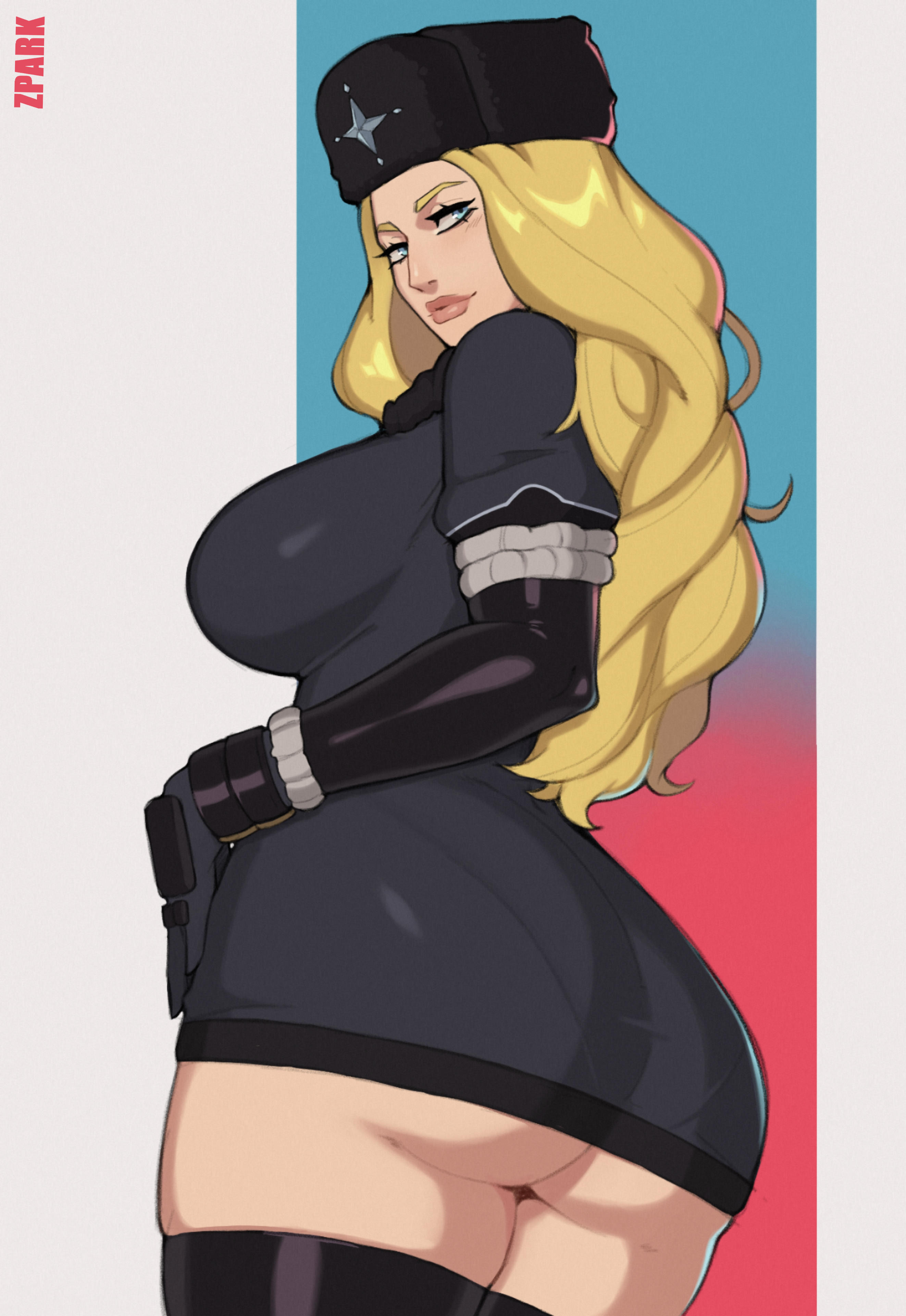ass, big lips, black gloves, black legwear, black thighhighs, blonde hair, blue eyes, breasts, clothing, female, from behind, fur hat, fur trim, gloves, hat, headwear, huge ass, kolin (street fighter), large breasts, legwear, lips, long hair, looking at viewer, looking back, pantsu, pantylines, smile, solo, street fighter, street fighter v, thick lips, thick thighs, thighhighs, thighs, underwear, ushanka, wide hips, zpark
